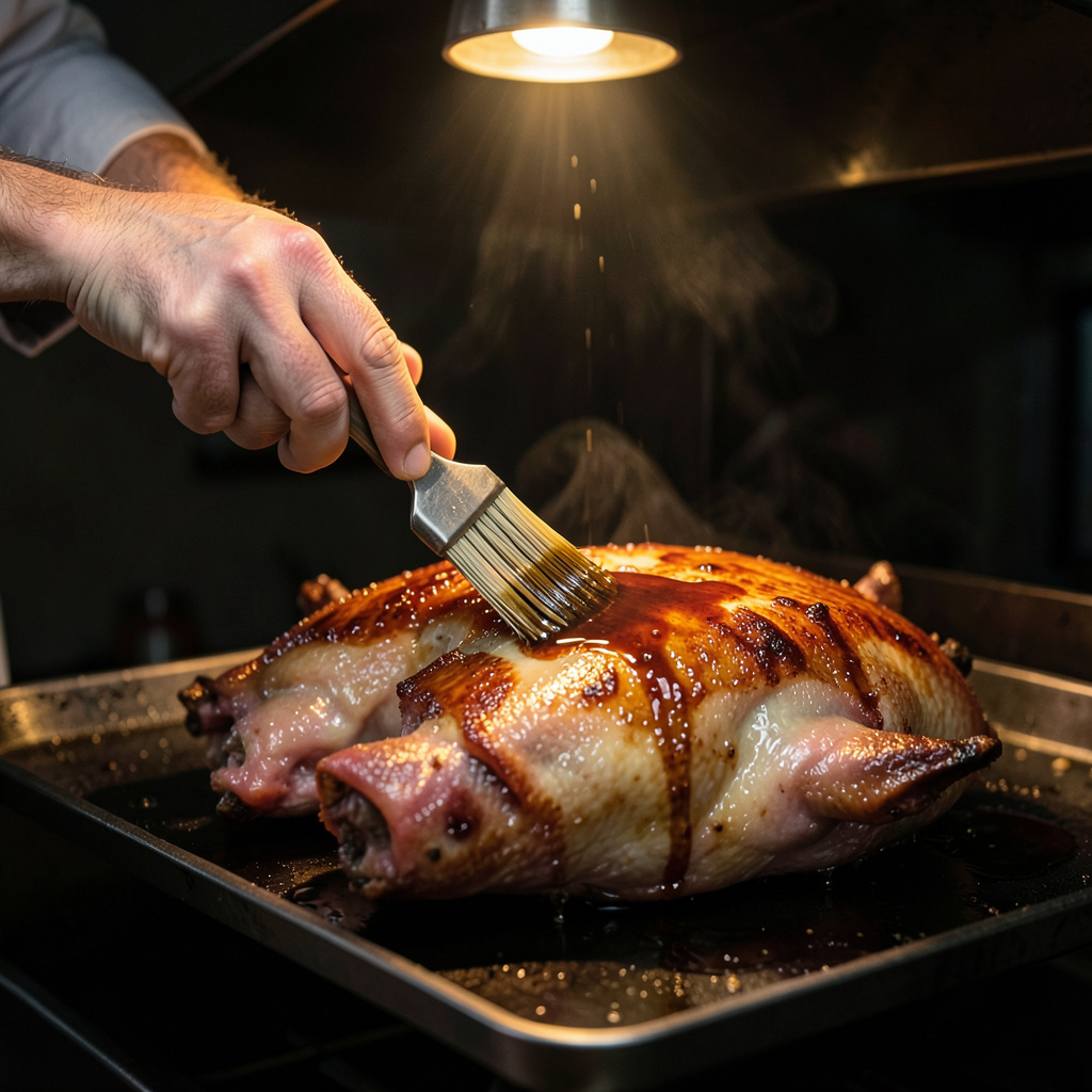 Mano del chef pincelando miel de trufa sobre cochinillo bajo el grill, piel caoba burbujante y brillante formando laca oscura