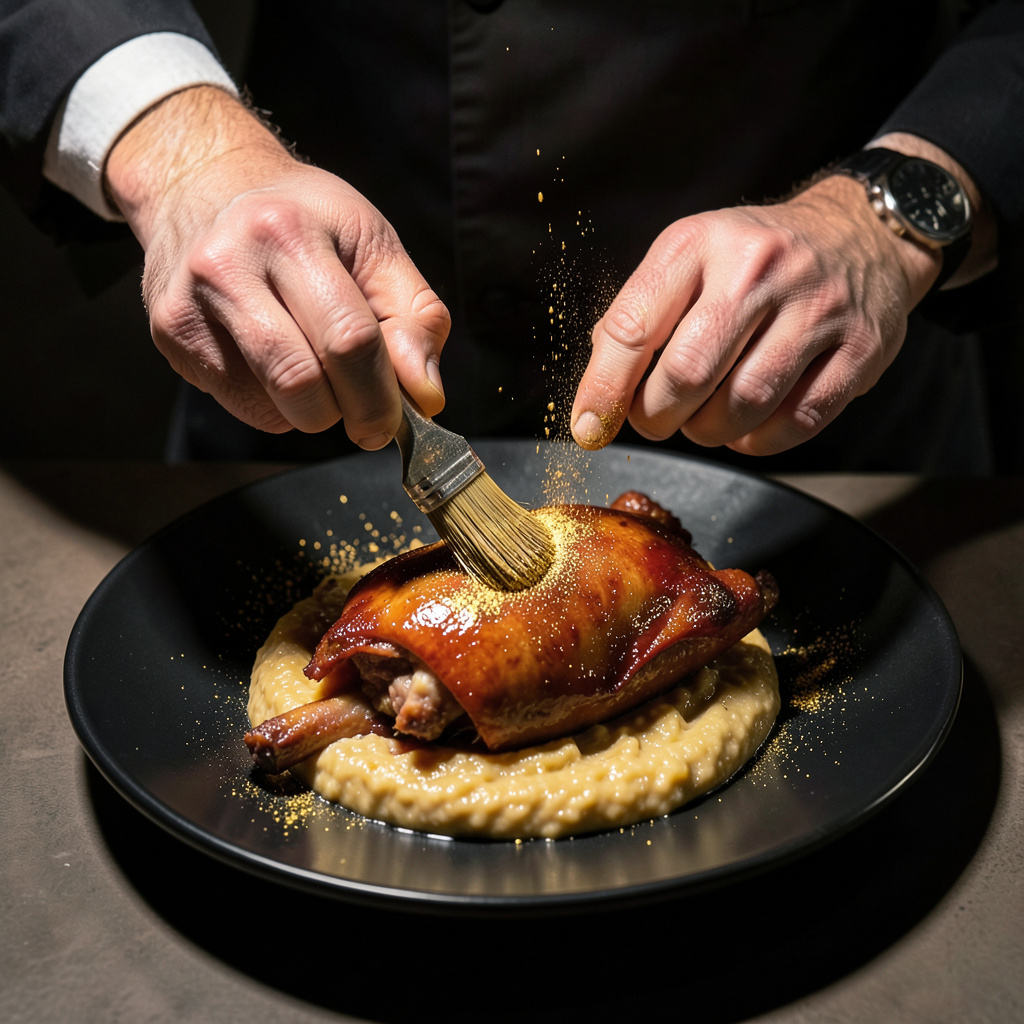 Manos del chef aplicando polvo de oro comestible con pincel seco sobre cochinillo lacado sobre puré ahumado en plato negro mate