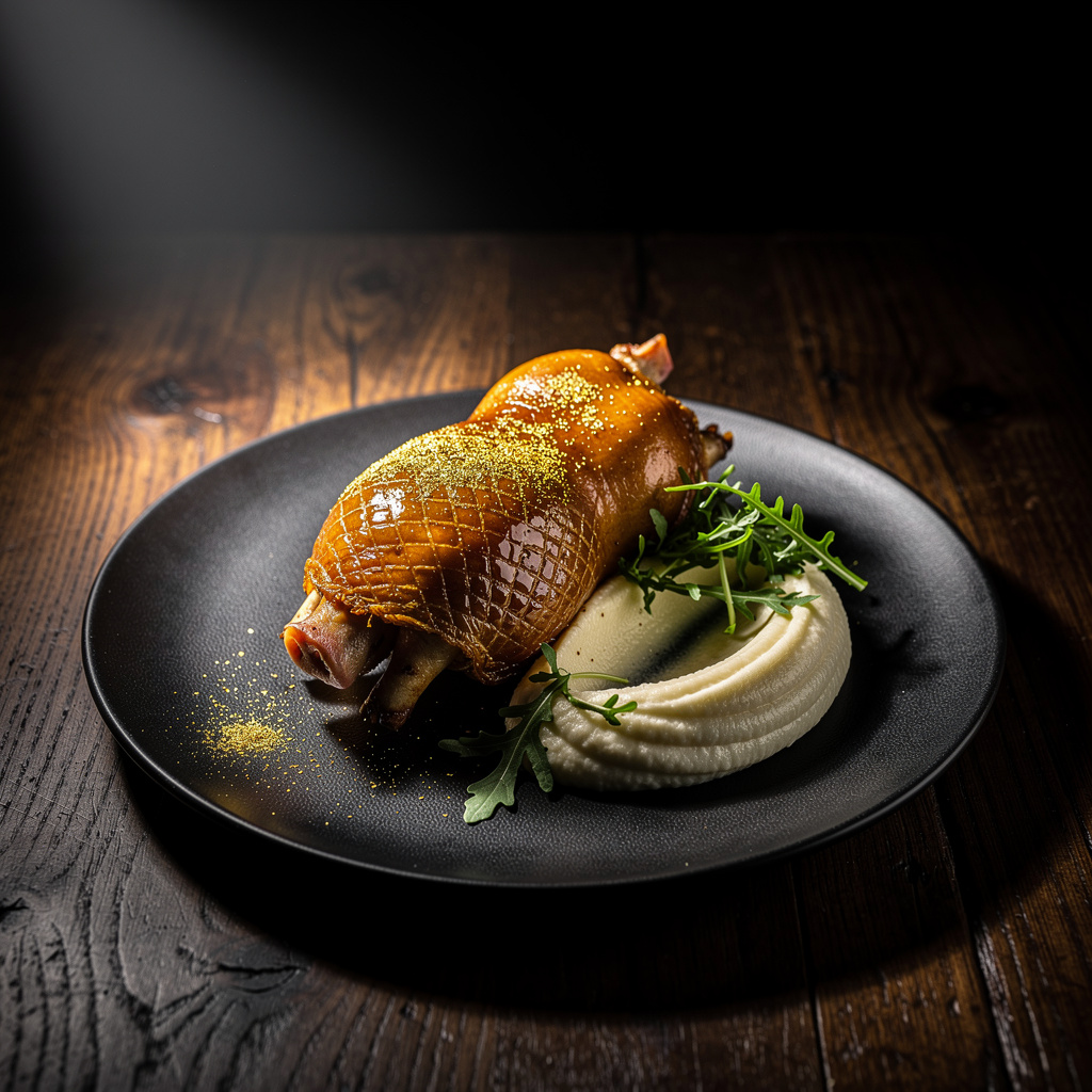 Pieza de cochinillo ibérico lacado en miel de trufa con piel dorada crujiente y polvo de oro sobre puré ahumado de apionabo en plato de cerámica negra mate