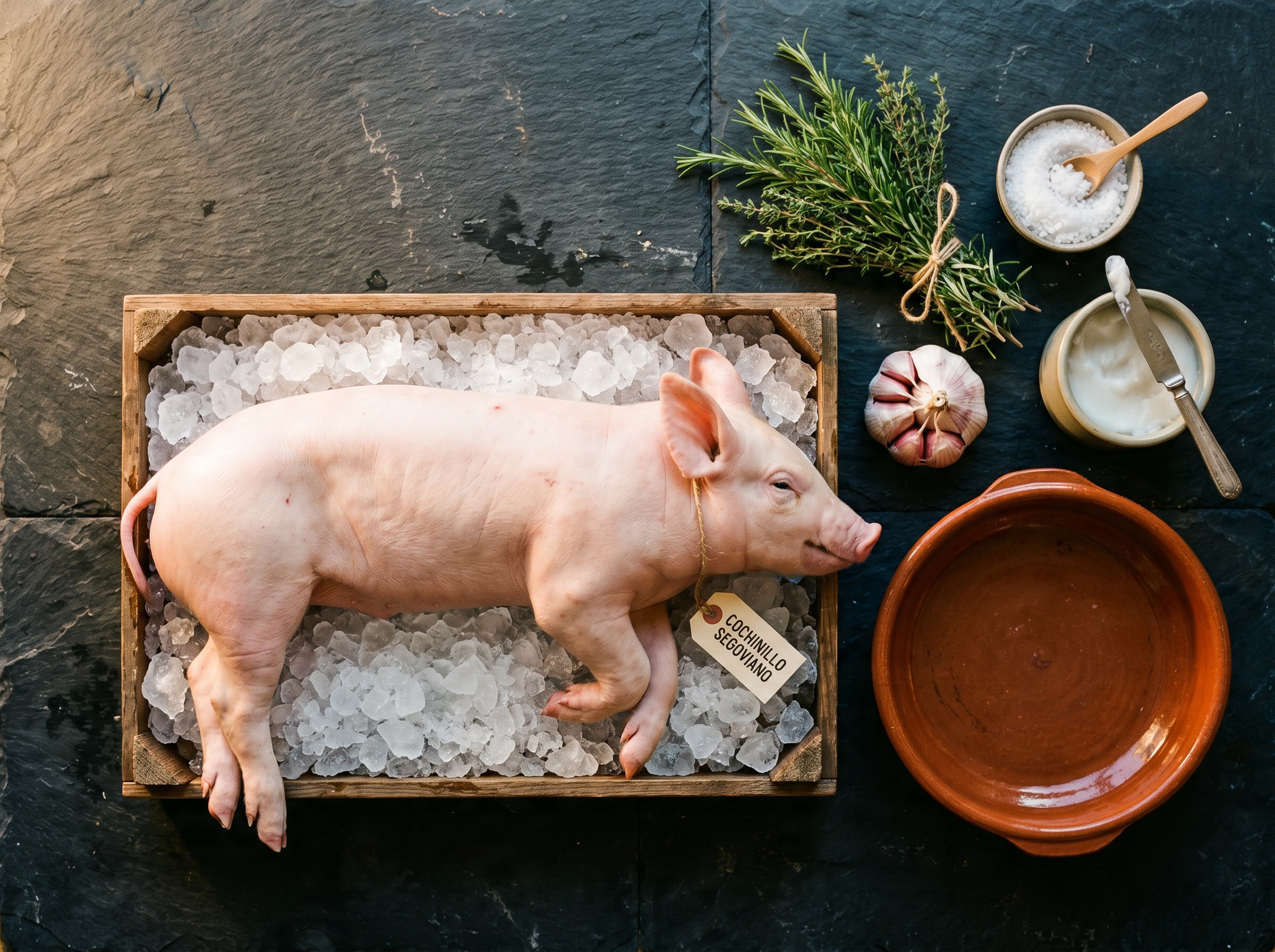 Cochinillo lechal entero etiquetado en bandeja con hielo, cazuela de barro, sal, manteca y romero sobre pizarra negra