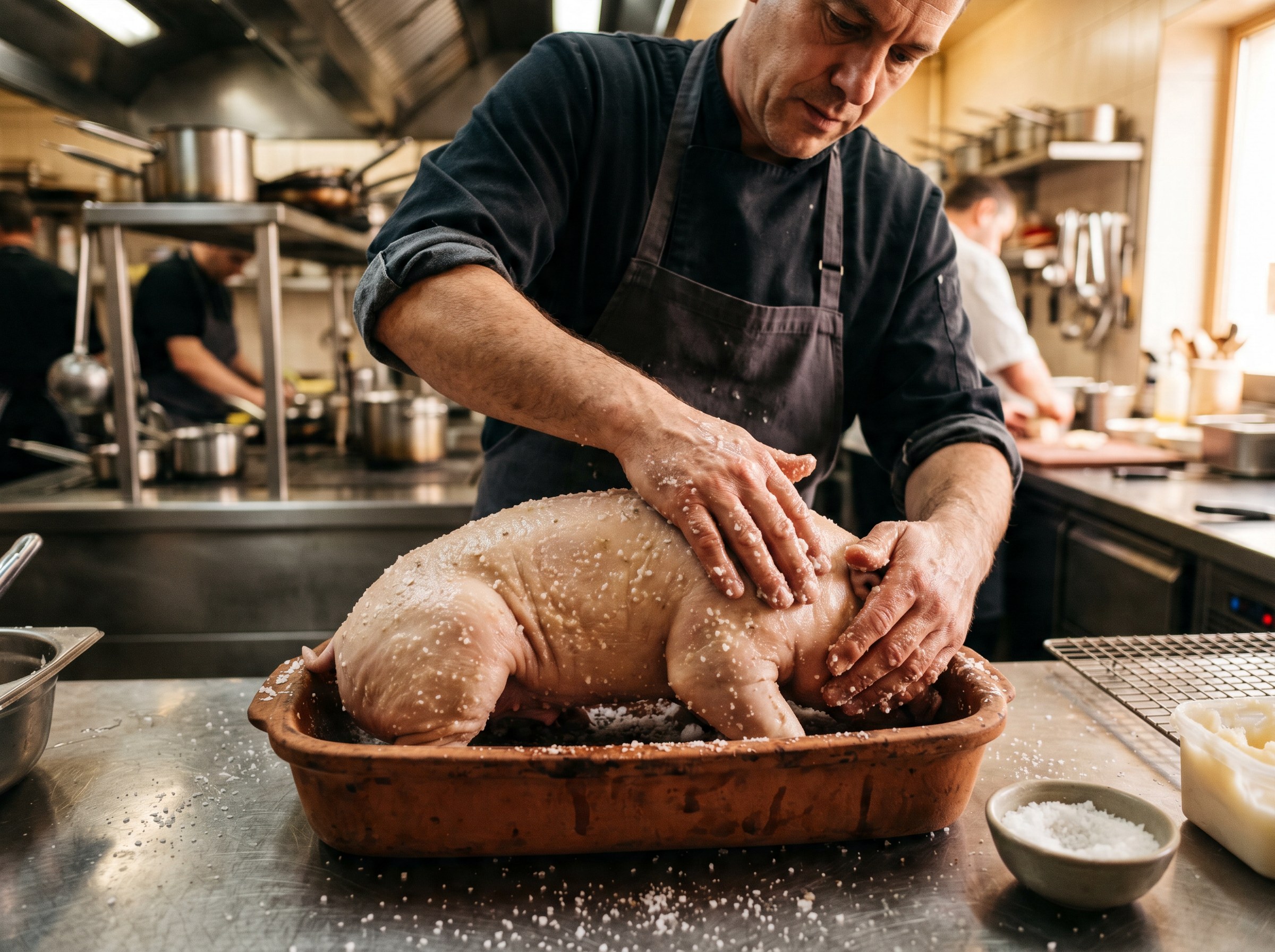 Chef frotando sal gruesa sobre cochinillo en cazuela de barro en cocina profesional