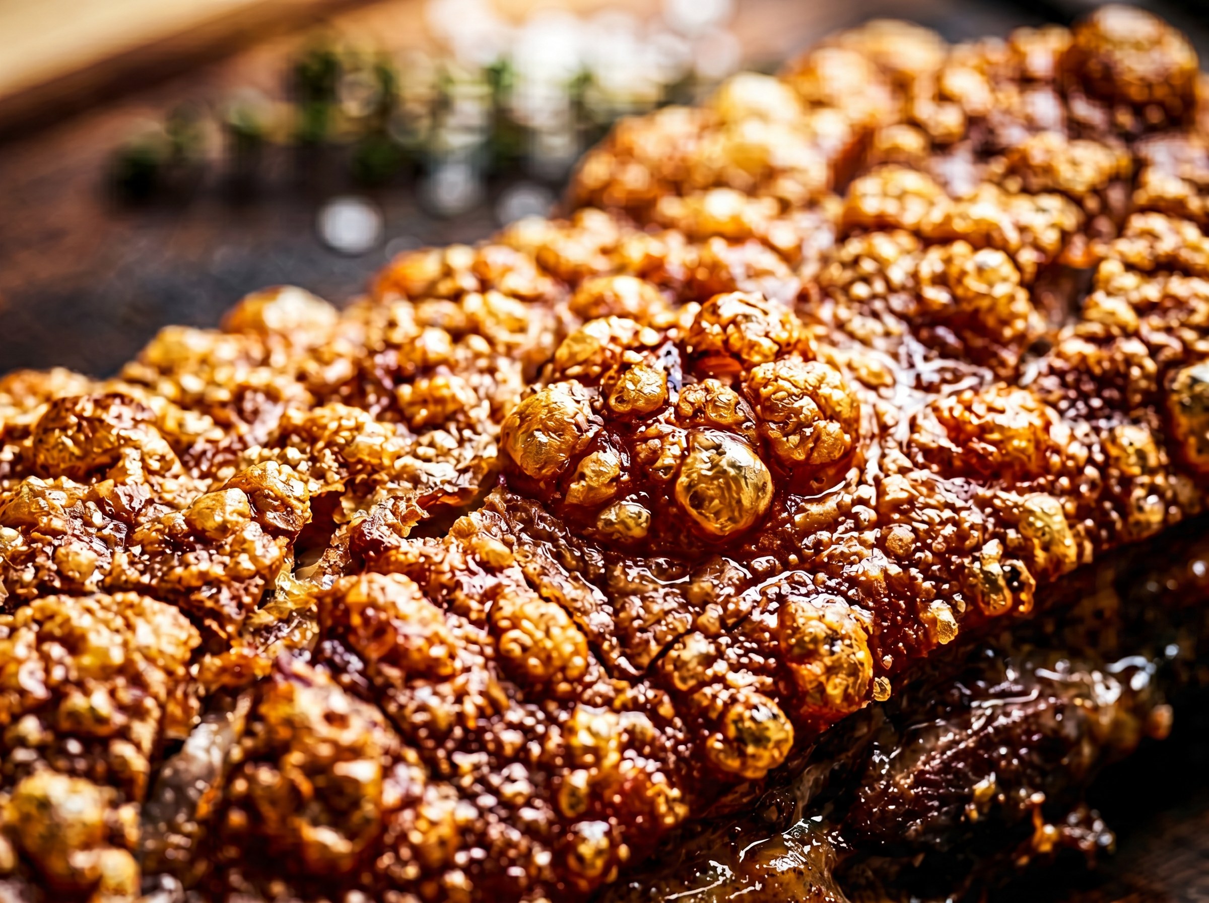 Macro de piel de cochinillo caramelizada con burbujas infladas doradas oscuras sobre fondo oscuro