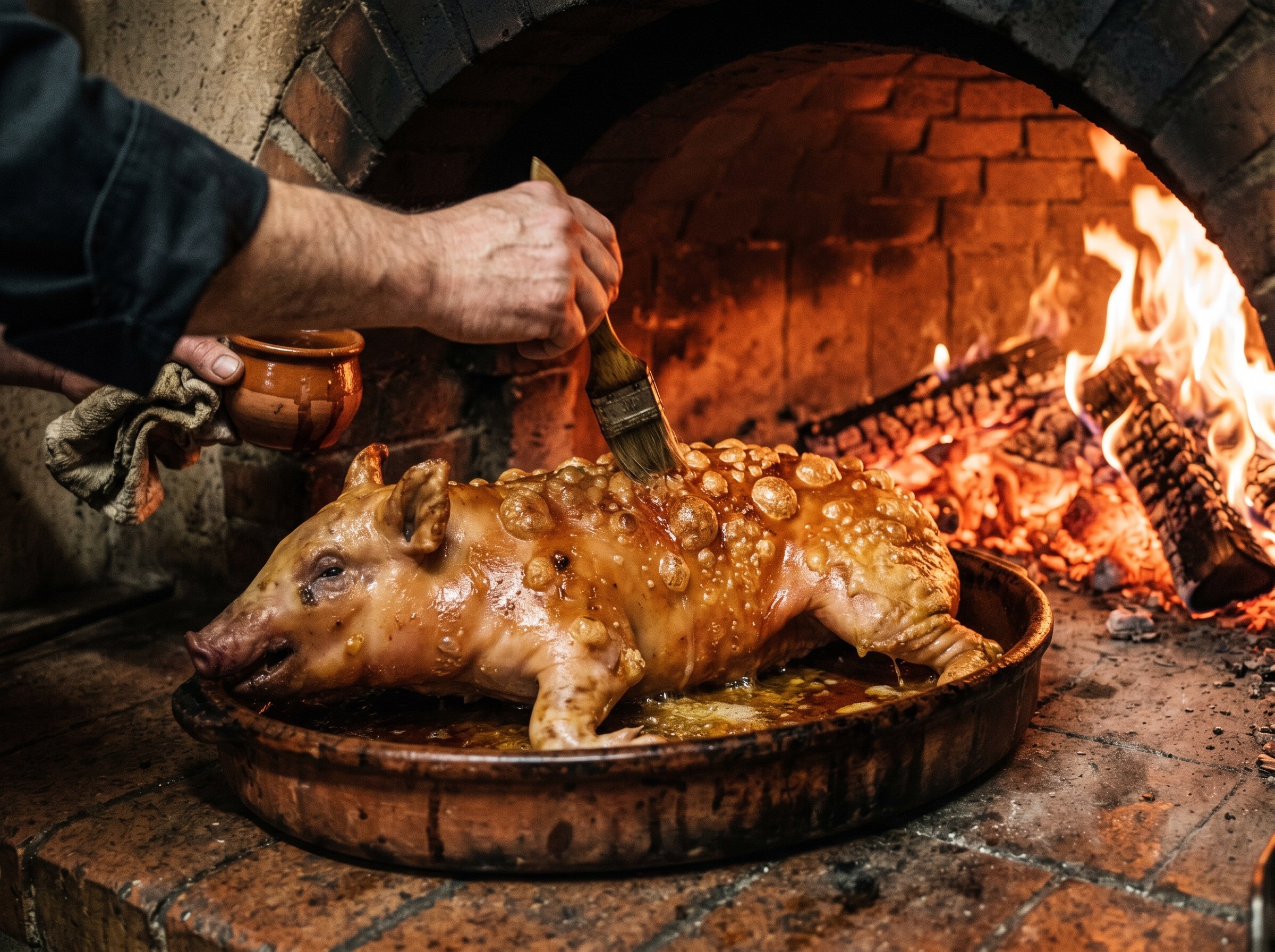Cochinillo dorado siendo pincelado con jugos frente a horno de leña con llamas vivas en asador