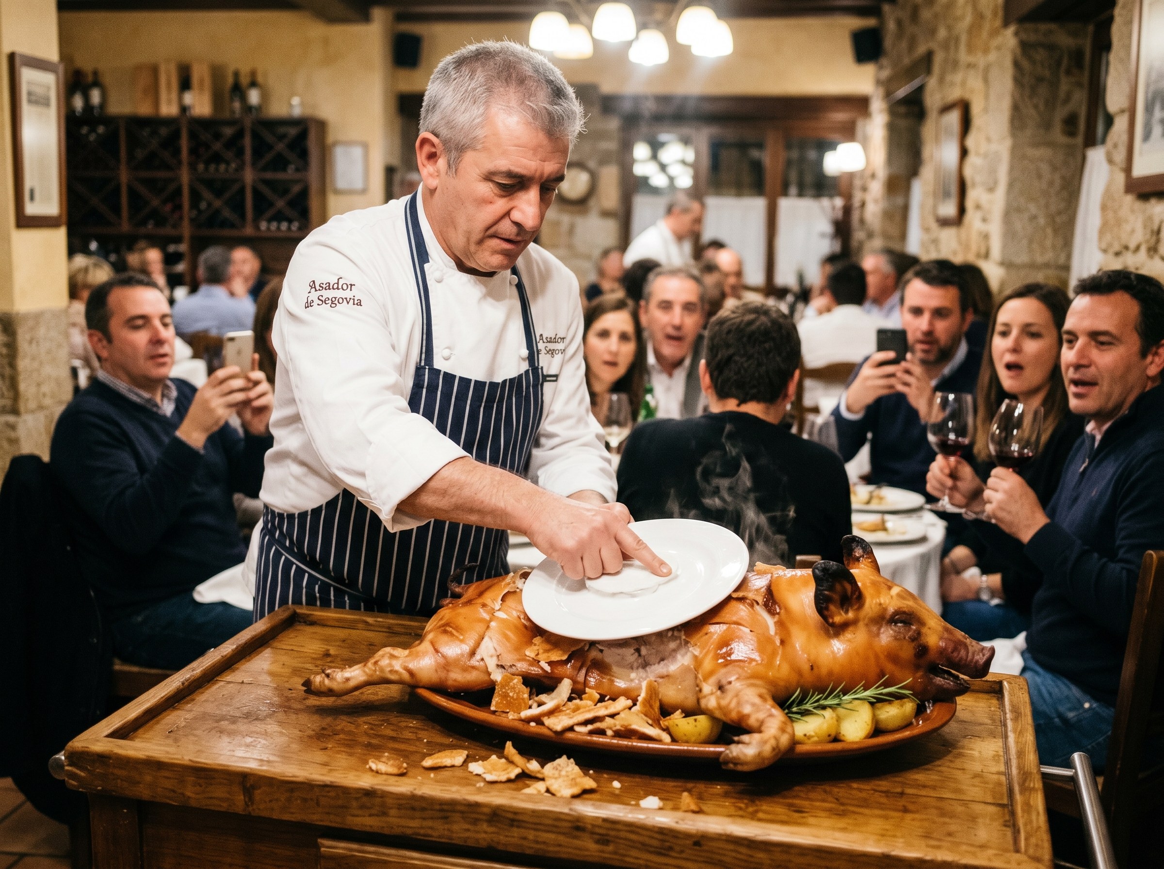 Chef del Asador de Segovia partiendo el cochinillo con plato de barro ante comensales en restaurante lleno