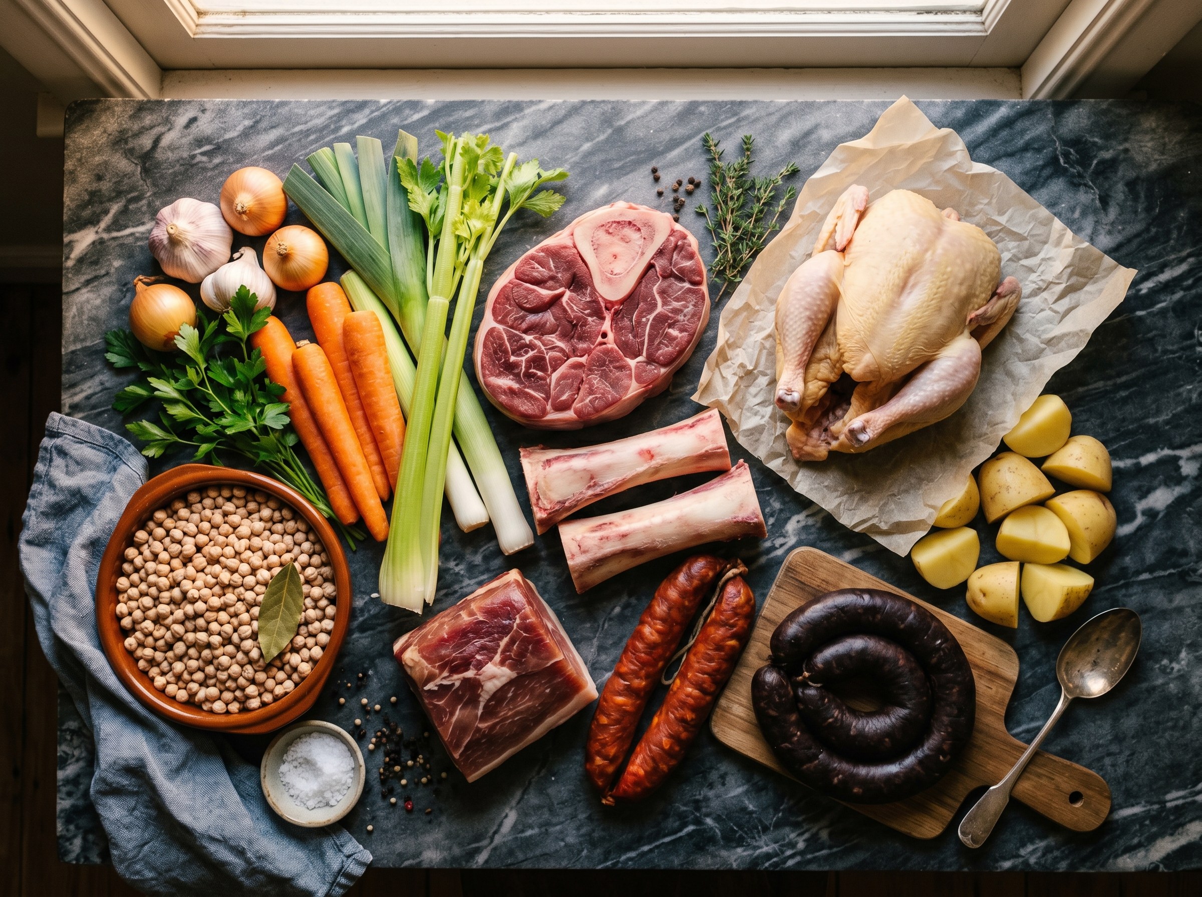 Ingredientes del cocido: garbanzos, morcillo, jamón, chorizo, gallina, hueso
