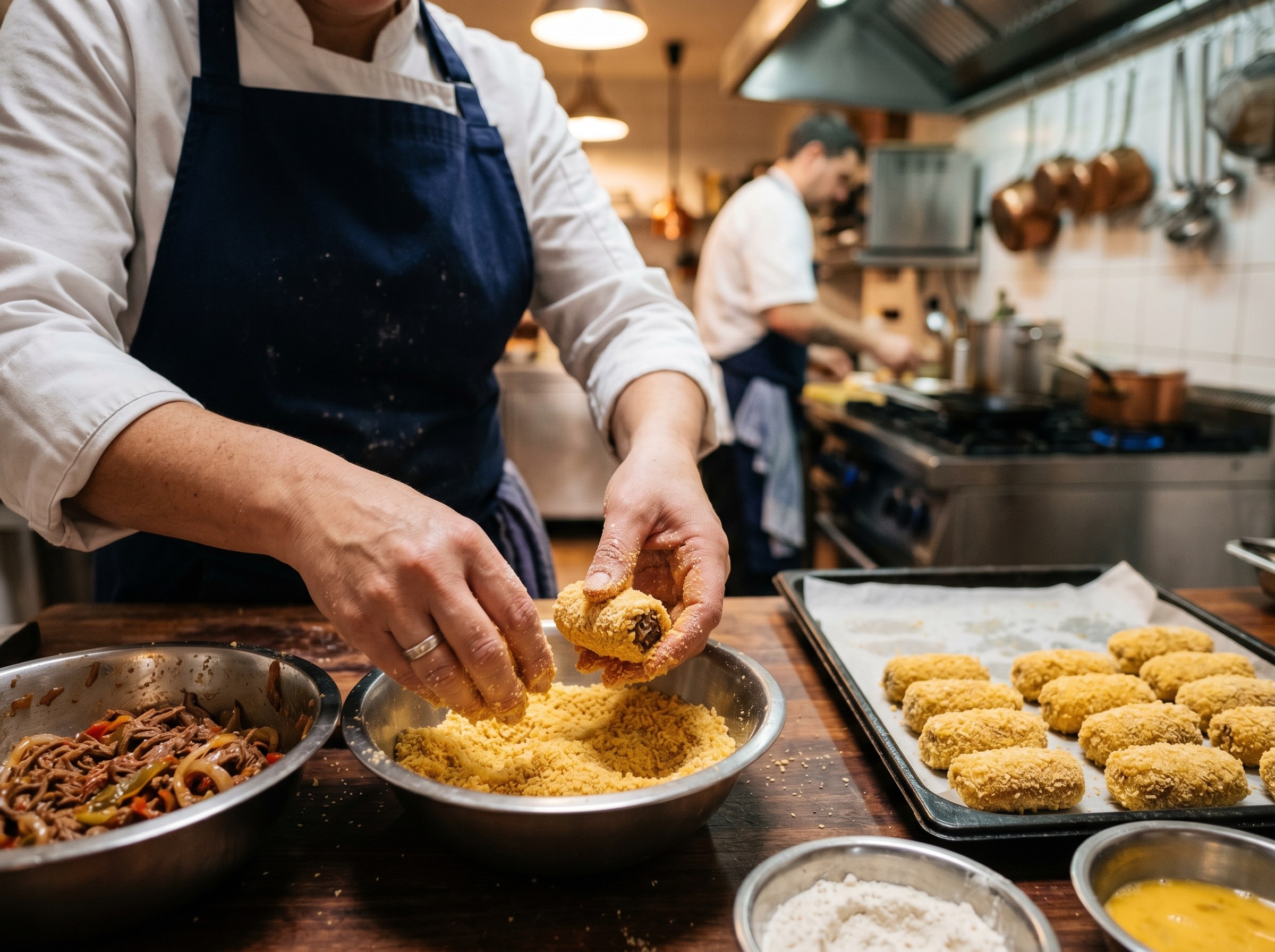 Croquetas de ropa vieja siendo empanadas en panko a mano