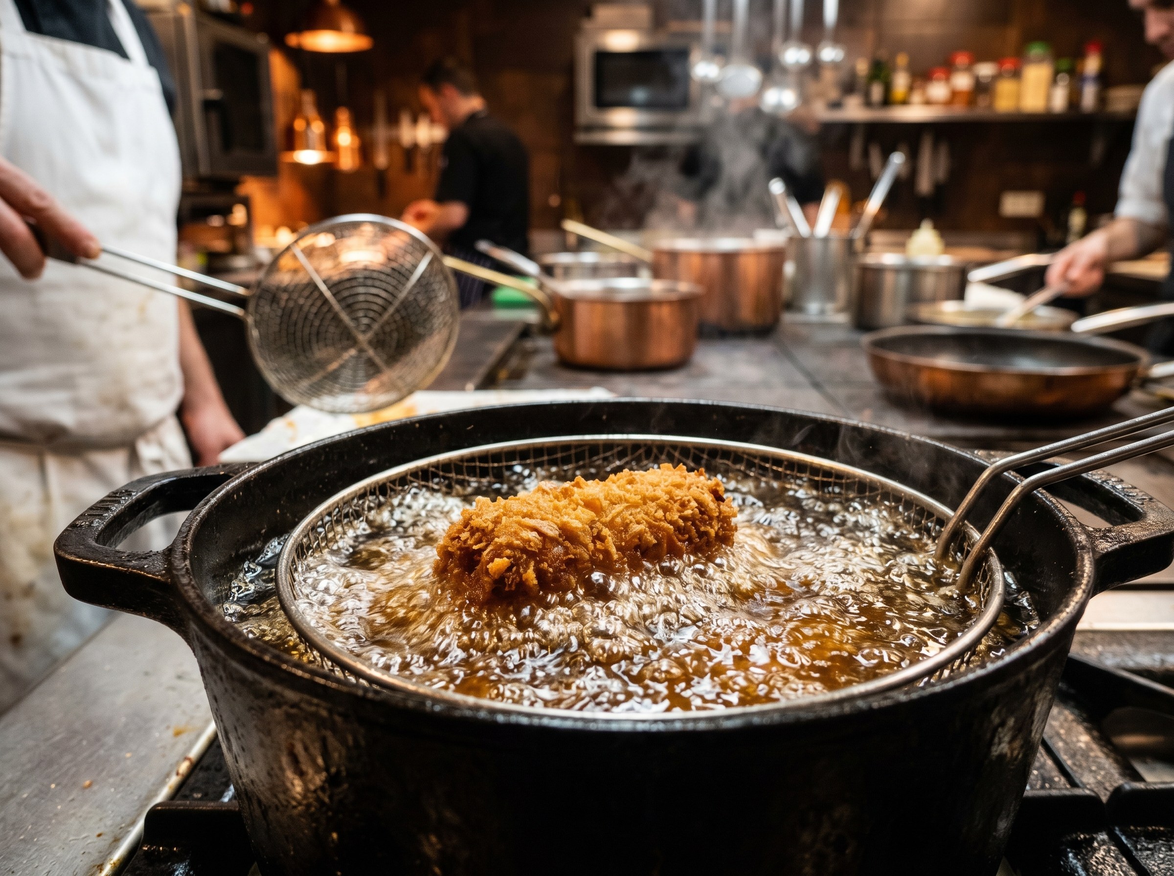 Croqueta de ropa vieja friéndose a 180°C hasta dorada