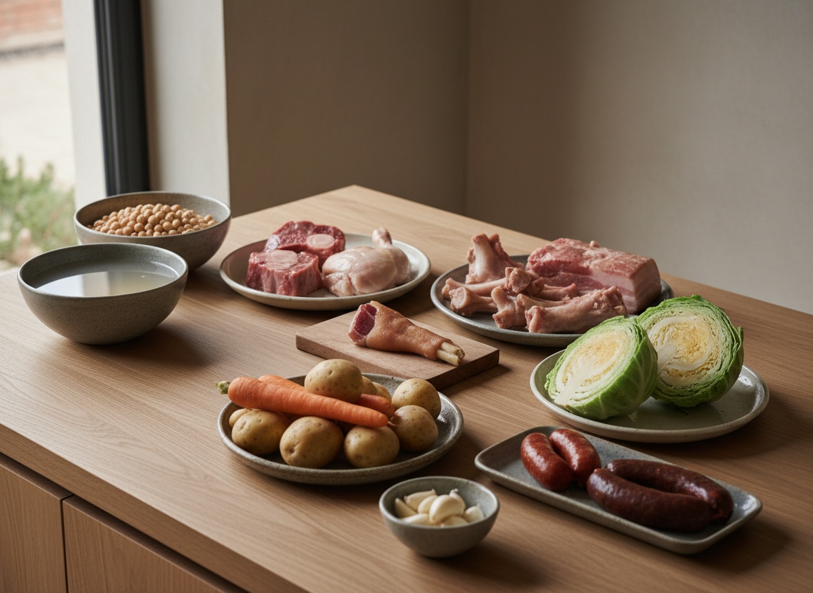 Bodegón cenital sobre madera: garbanzos en remojo en un cuenco gris piedra, morcillo, gallina, huesos, tocino y punta de jamón en fuentes de cerámica gris, zanahorias, patatas, medio repollo, chorizo, morcilla y ajos.