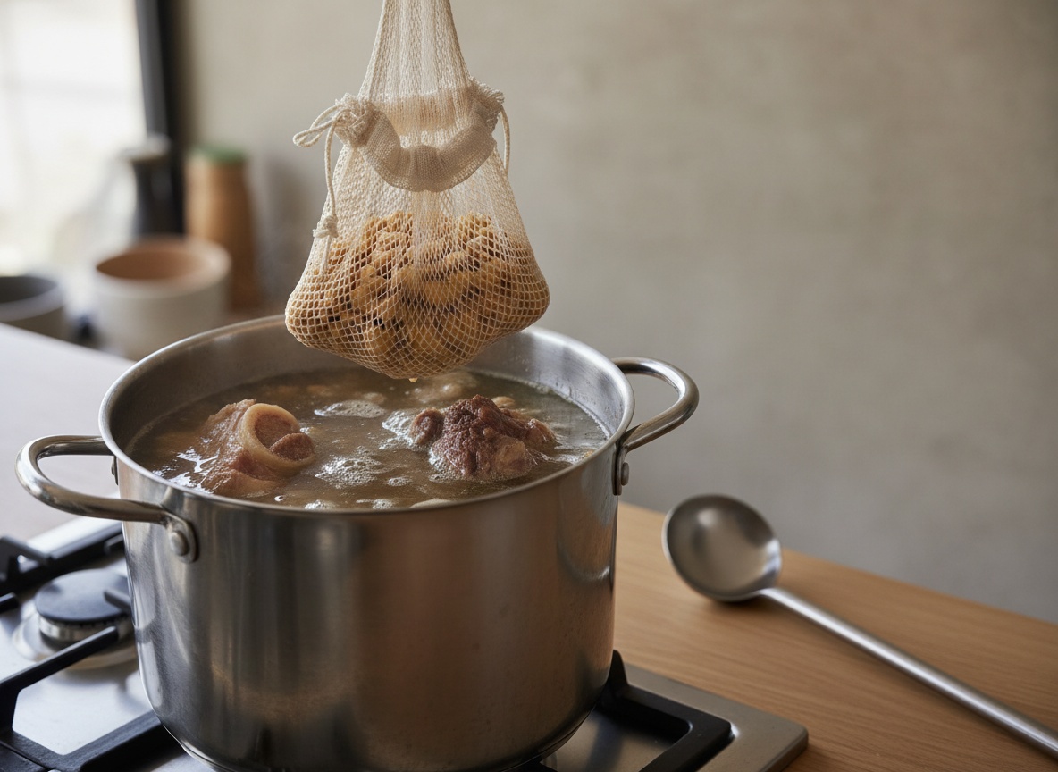 Olla alta de acero sobre la placa con llama, caldo claro con burbujas pequeñas, morcillo, hueso y gallina asomando; una malla de algodón llena de garbanzos hinchados sumergiéndose en el caldo, sujeta por el cordel.