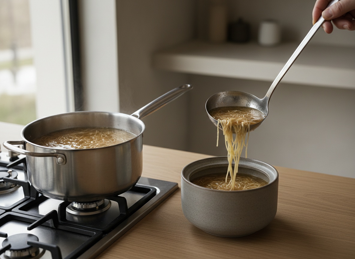 Olla de acero sobre la placa con llama con caldo dorado y limpio en el que se cuecen fideos cabellín; un cucharón levanta caldo con fideos hacia una sopera de cerámica gris piedra que espera al lado.
