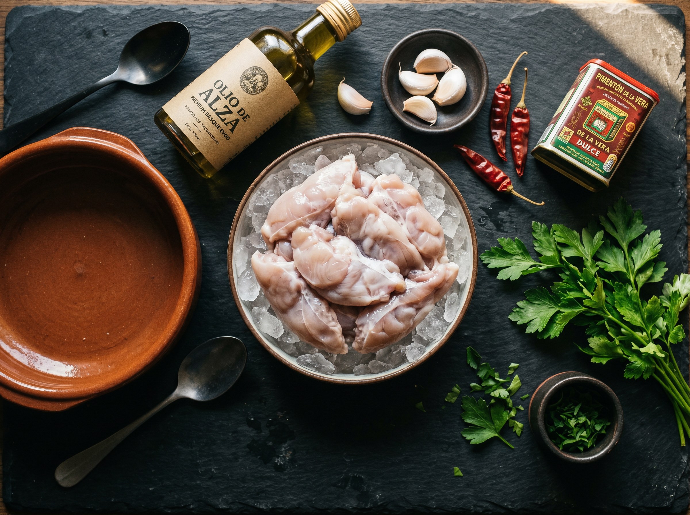 Flat-lay: cocochas de merluza sobre hielo, aceite Oliv de Alza, ajos, guindillas rojas, lata Pimentón de La Vera y cazuela de barro sobre pizarra