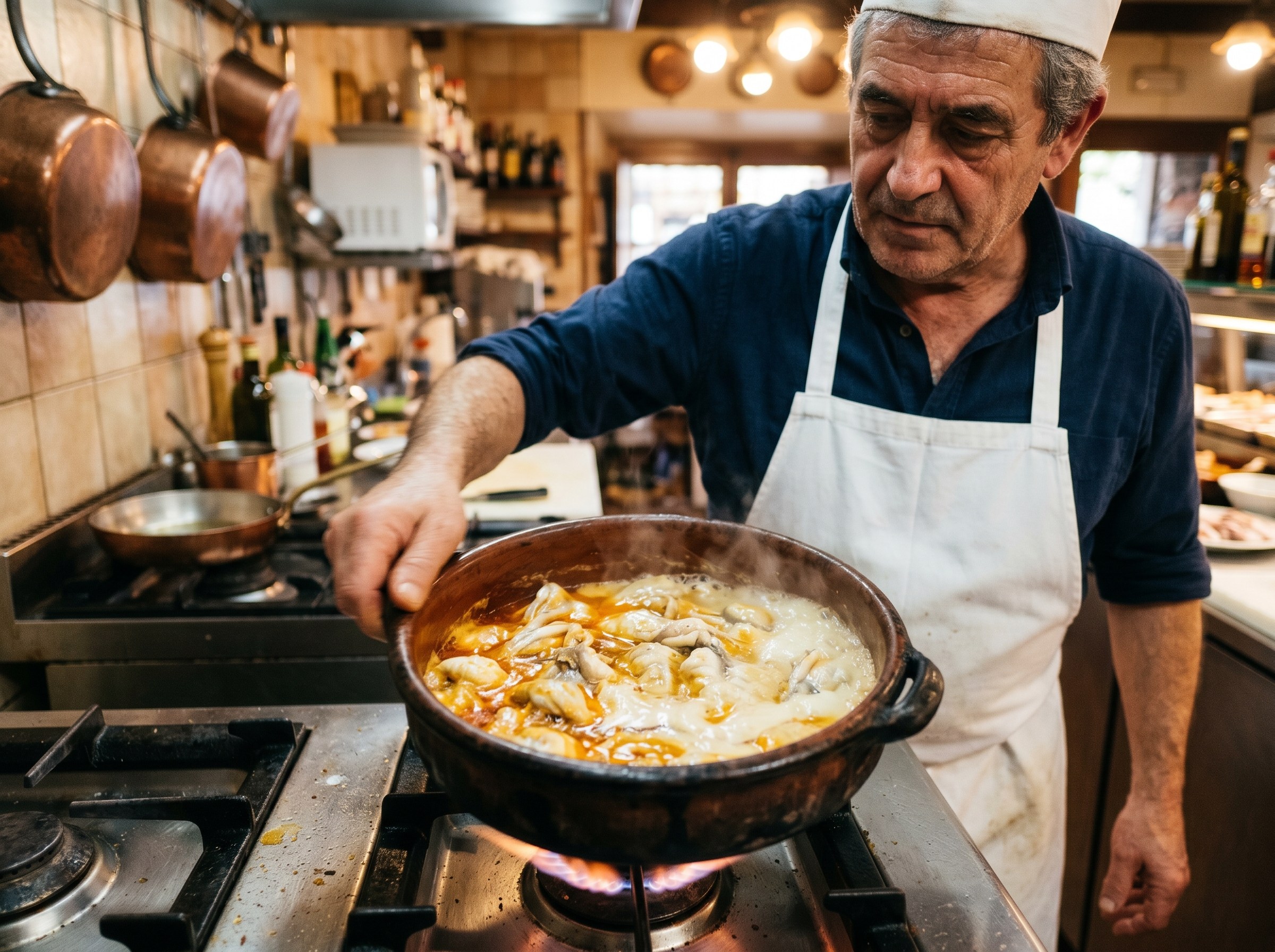 Cocinero vasco moviendo cazuela de barro sobre fuego con cocochas emulsionando, vapor y salsa formándose