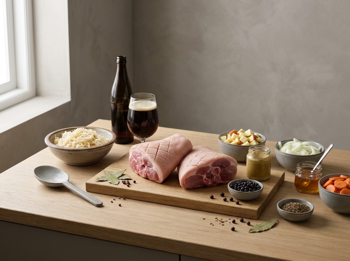 Ingredientes: codillos de cerdo, cerveza negra, chucrut, manzana, cebolla, zanahoria y especias