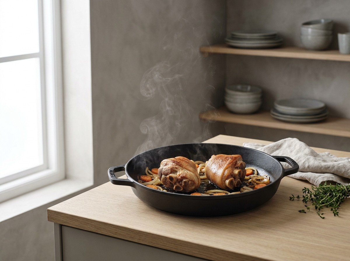 Codillos dorándose en la cocotte con el sofrito