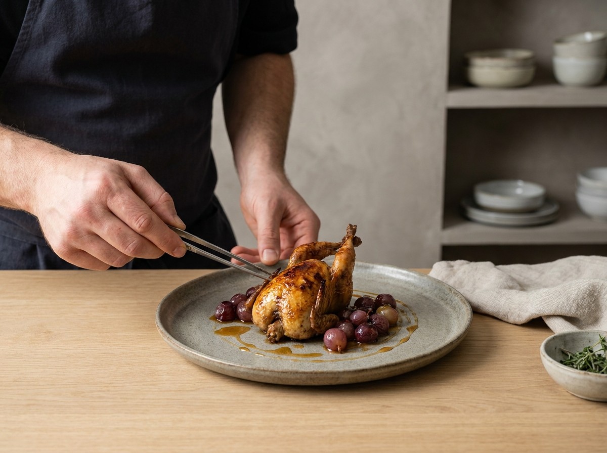 Emplatado de las codornices con uvas y jarabe