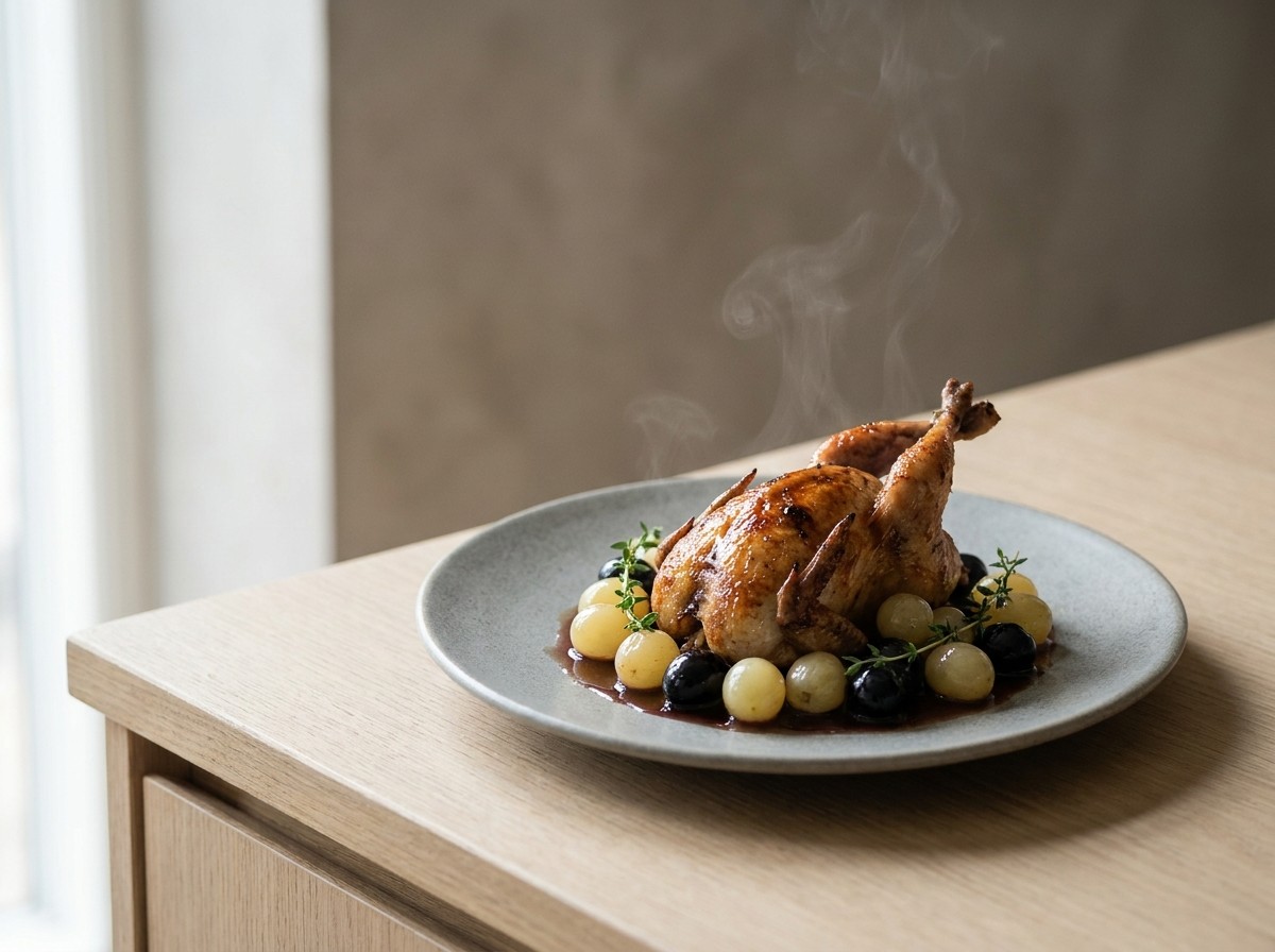 Codornices a la plancha en plato de cerámica gris piedra: aves doradas y jugosas con uvas salteadas y un glaseado brillante de vino dulce.