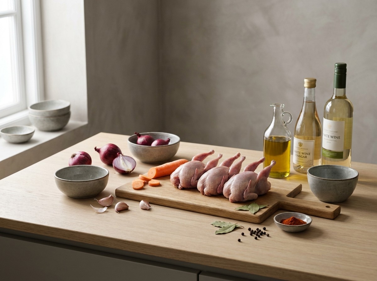 Ingredientes: codornices, cebolla, zanahoria, ajo, aceite, vinagre, vino y especias