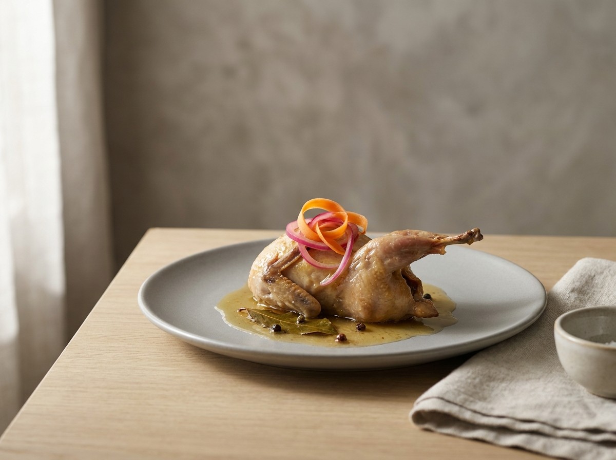 Codorniz escabechada en plato de cerámica gris piedra: ave fría en escabeche de laurel y pimienta con cebolla encurtida y zanahoria.