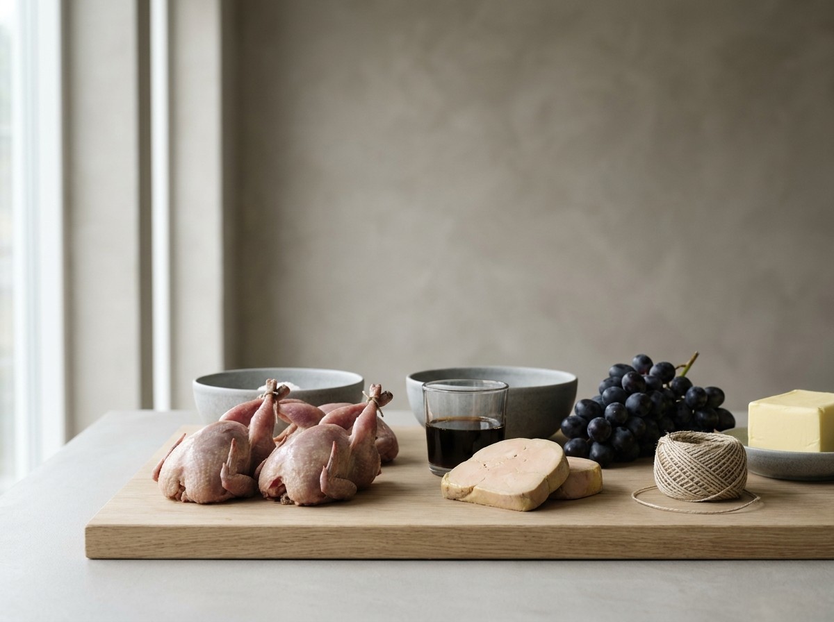 Ingredientes: codornices deshuesadas, foie, Pedro Ximénez, uvas y caldo