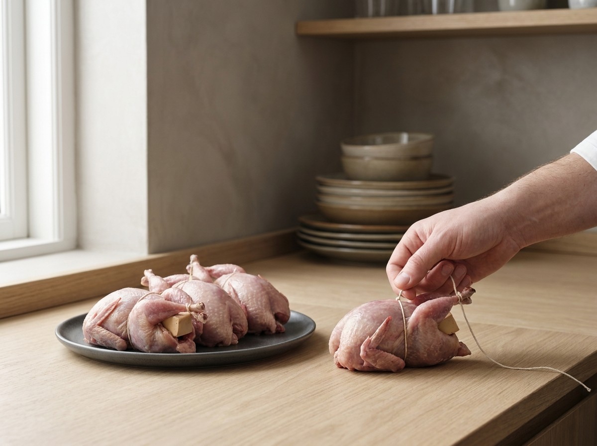 Codornices rellenándose de foie y bridándose