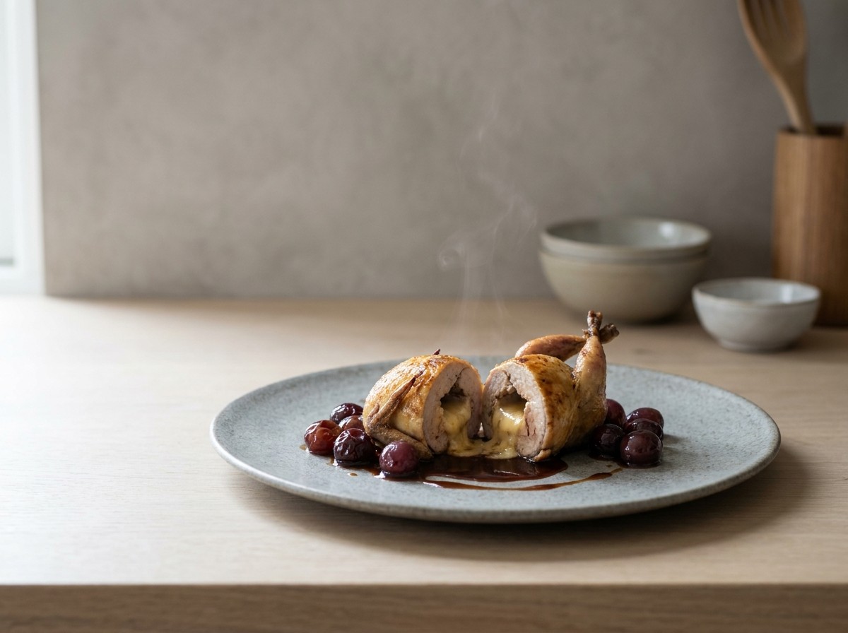 Codornices rellenas de foie en plato de cerámica gris piedra: aves doradas napadas con salsa de Pedro Ximénez y uvas, con su corazón de foie.