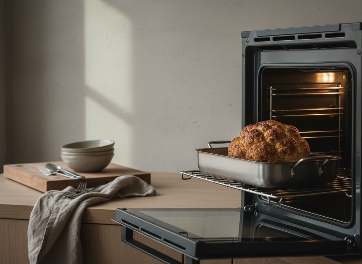 Asa la coliflor de pie en una fuente a 200 °C durante 45-55 minutos, sin taparla y sin girarla