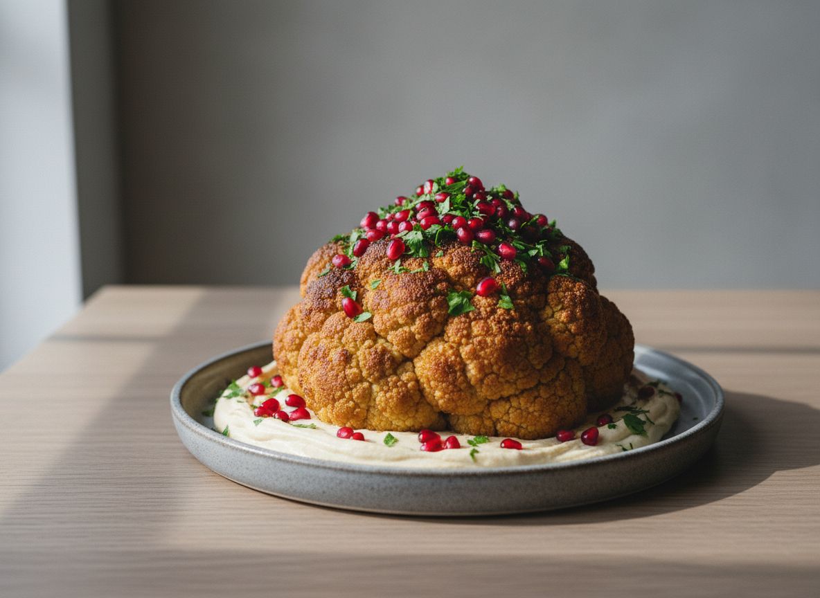 Coliflor entera asada y dorada con especias sobre un lecho de crema de tahini, coronada de granos de granada y perejil, en fuente de cerámica gris piedra