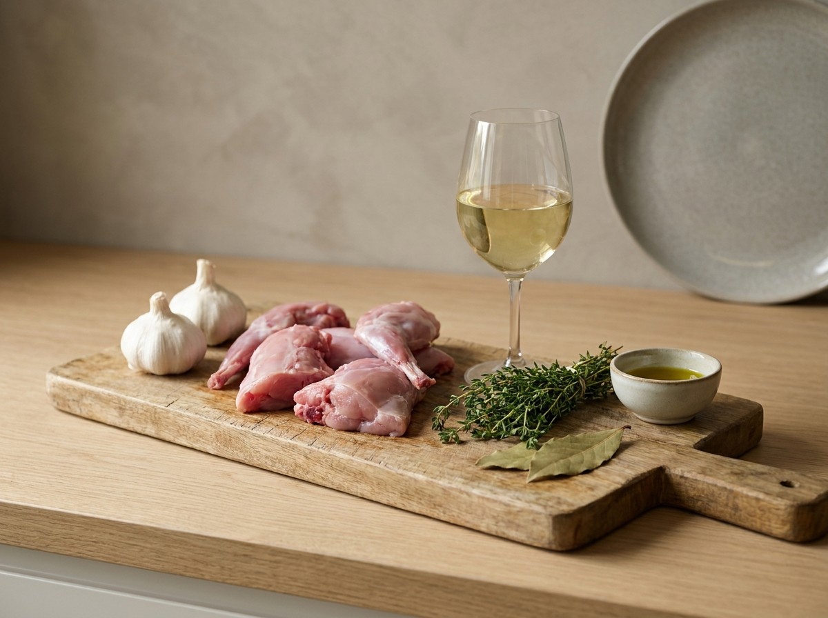 Ingredientes: conejo de monte troceado, ajos, vino blanco, tomillo y laurel