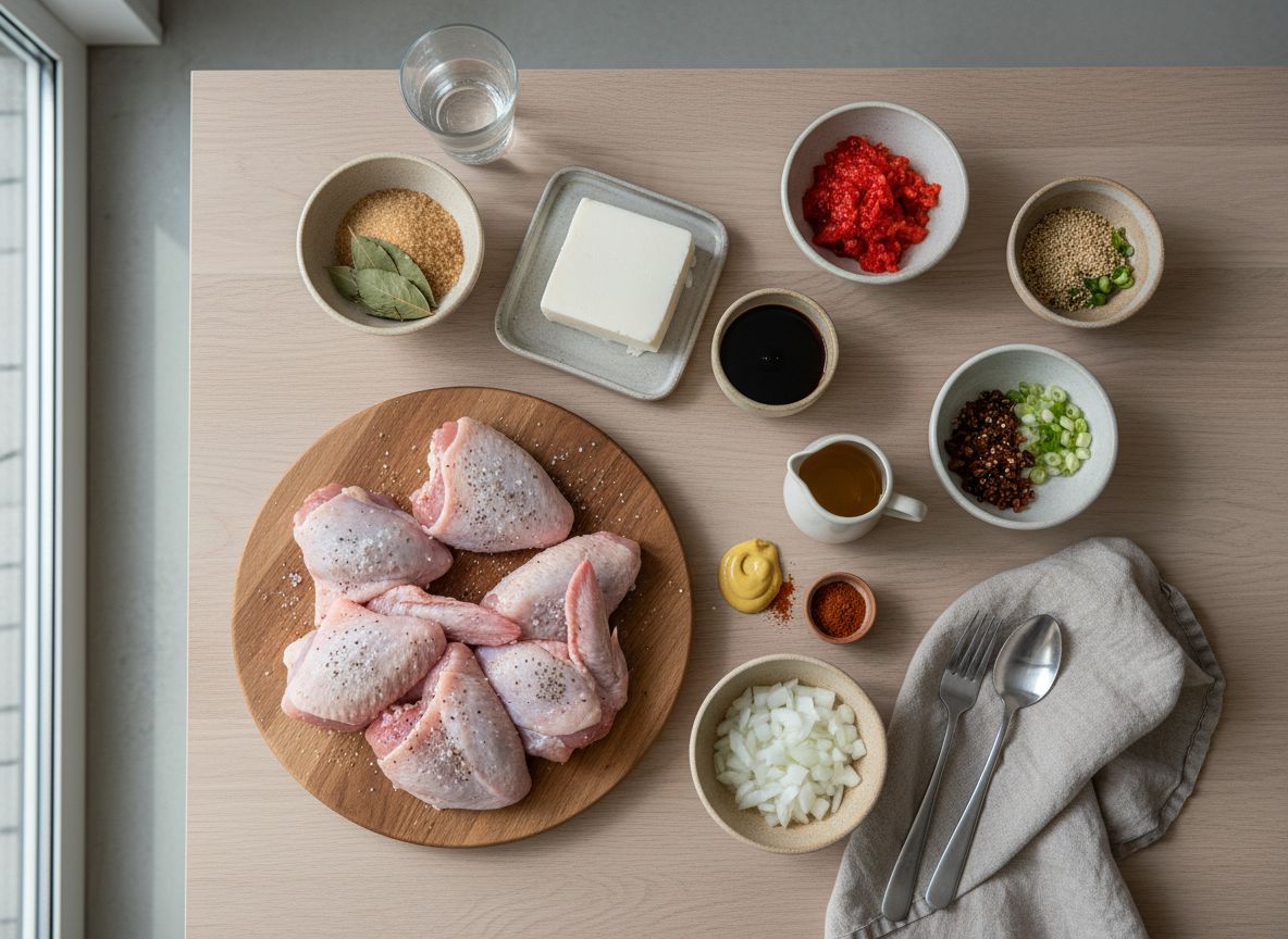 Mise en place del confit de ala de pavo: alas de pavo separadas por la articulación, sal gruesa, azúcar moreno, ajos, tomillo, laurel, pimienta en grano y un tarro de grasa de pato