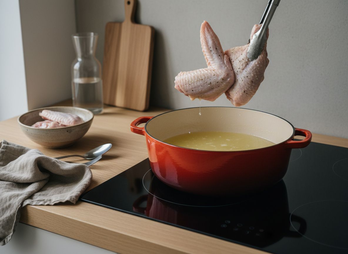 Alas de pavo curadas y secas sumergiéndose en la grasa de pato fundida de la cocotte con ajos y tomillo