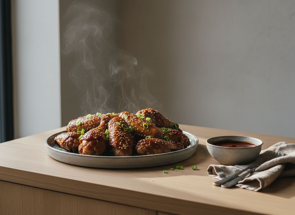 Alas de pavo confitadas y lacadas en salsa barbacoa sobre fuente de cerámica gris piedra: laca oscura y brillante con puntos de caramelización, sésamo tostado y rodajas finas de cebolleta, con un cuenco de salsa aparte