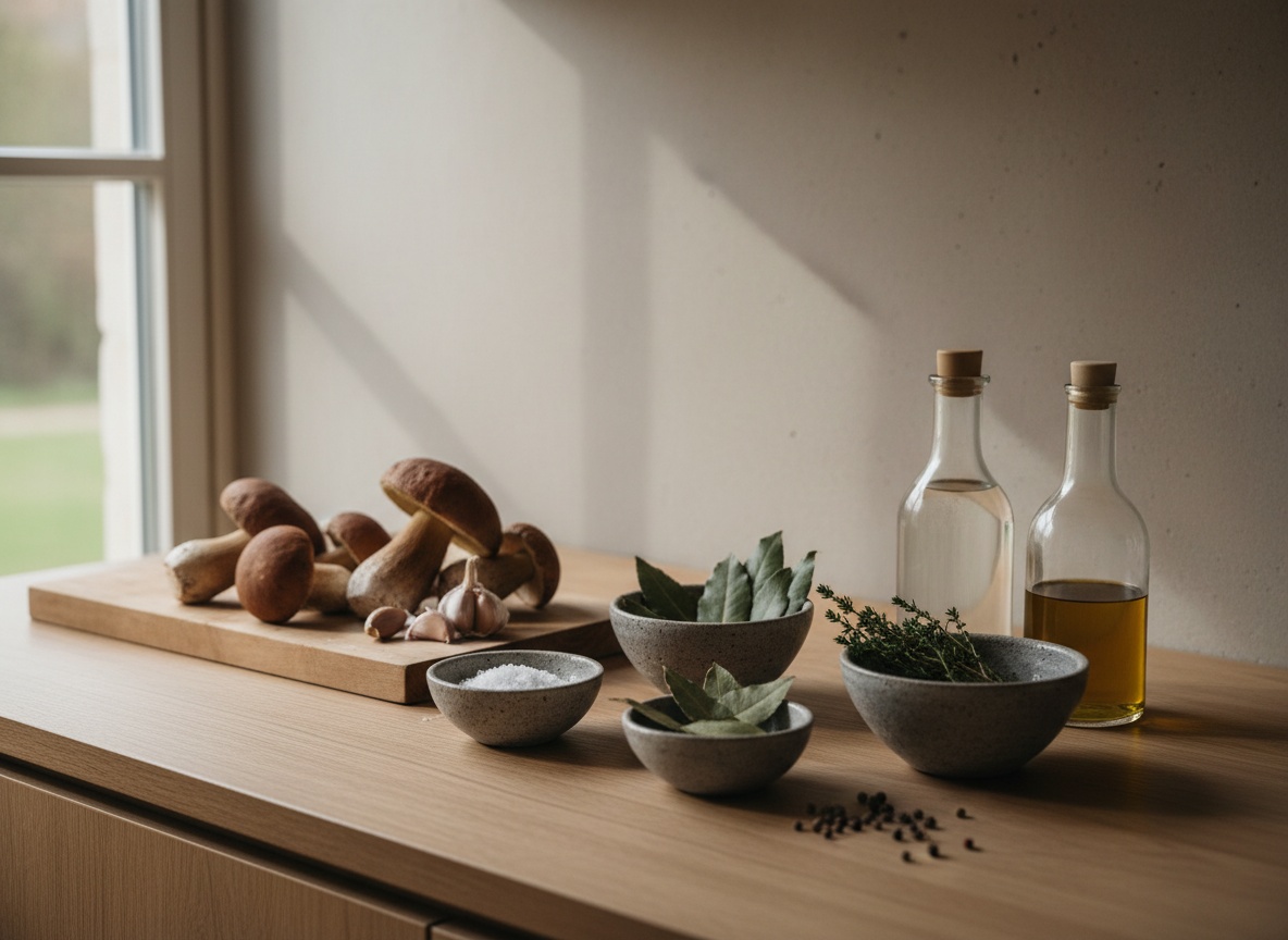Bodegón sobre encimera de piedra: boletus enteros sobre una tabla, cuencos cerámicos gris piedra con sal gruesa, ajo, laurel, pimienta en grano y tomillo, botella de vinagre blanco y botella de aceite virgen extra.