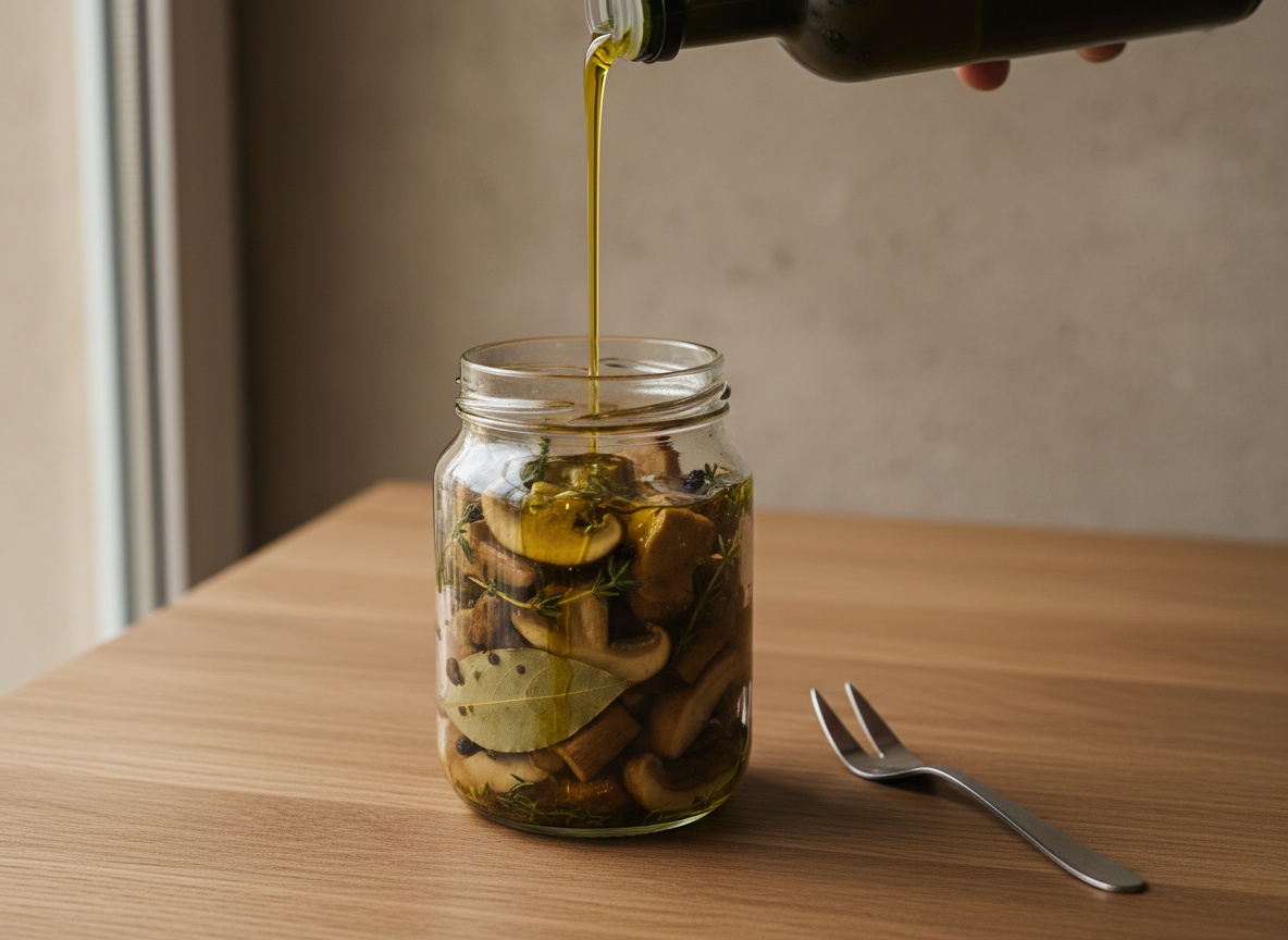Tarro de vidrio de 250 ml en primer plano, lleno de láminas de boletus con una hoja de laurel, pimienta en grano y tomillo, aceite dorado cayendo en hilo fino desde la botella de aceite hasta cubrirlas por completo.