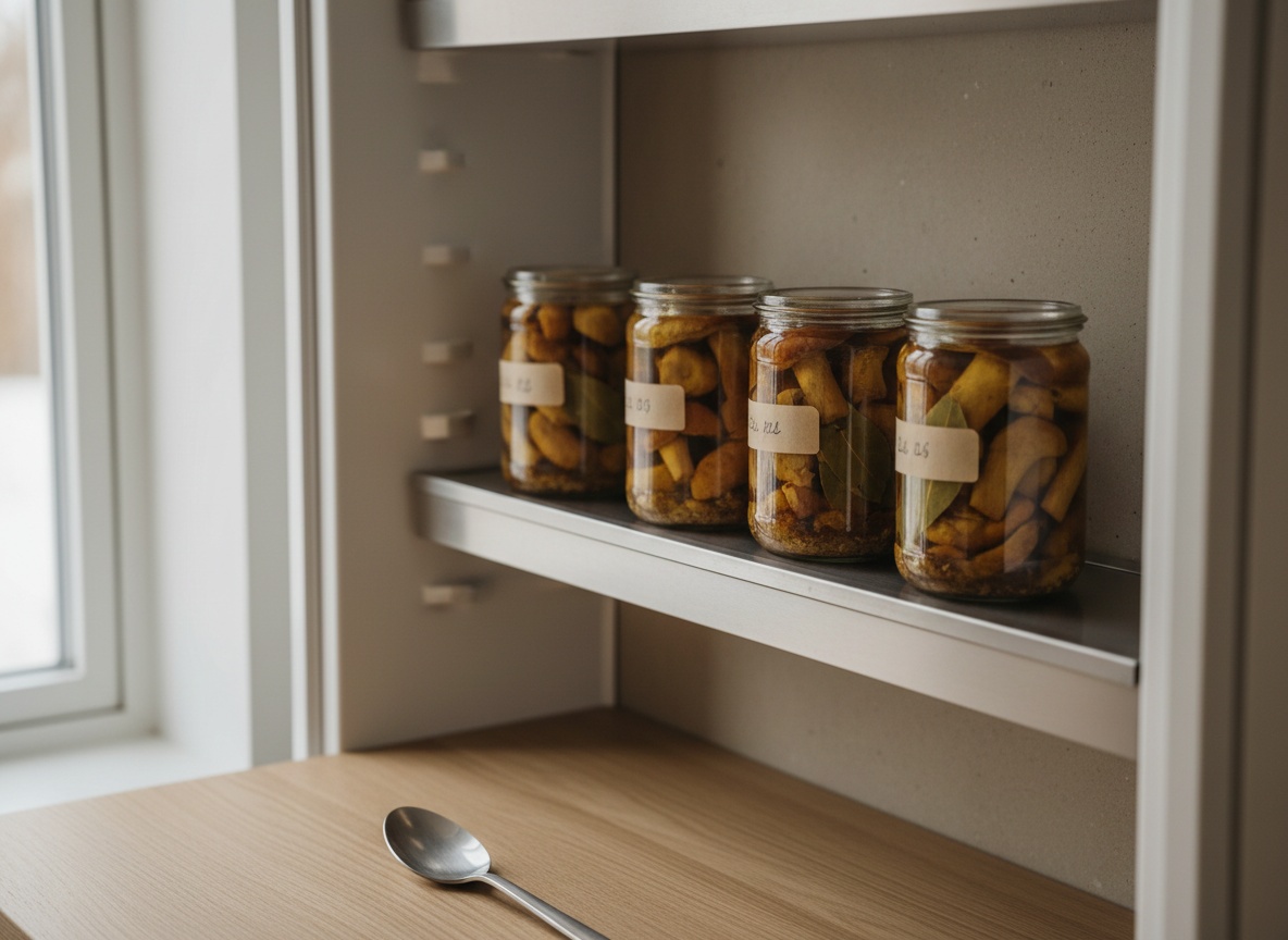 Cuatro tarros de vidrio cerrados, llenos de boletus en aceite dorado con laurel visible a través del vidrio, con etiqueta de papel con la fecha escrita, alineados sobre la balda de una nevera abierta.