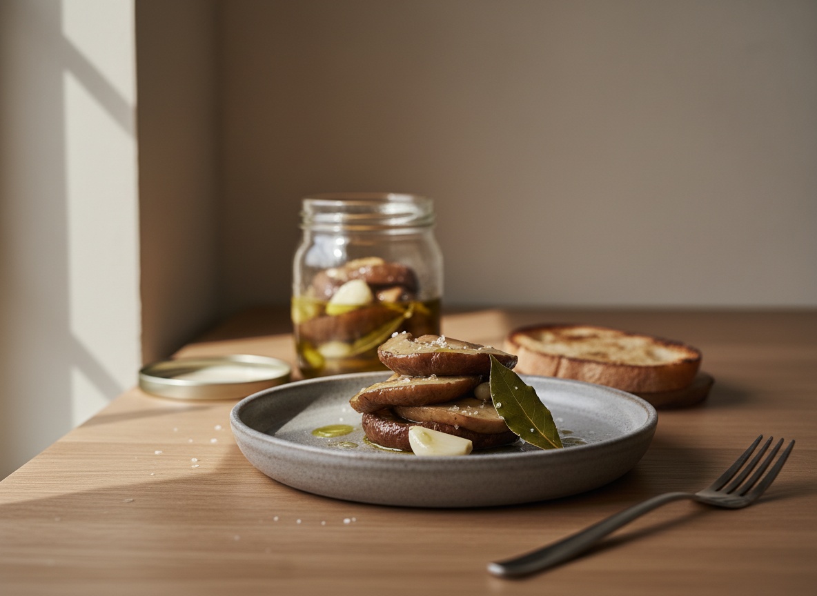 Tarro de vidrio abierto con láminas de boletus en aceite dorado y laurel, junto a un plato de cerámica gris piedra con láminas escurridas y pan tostado.
