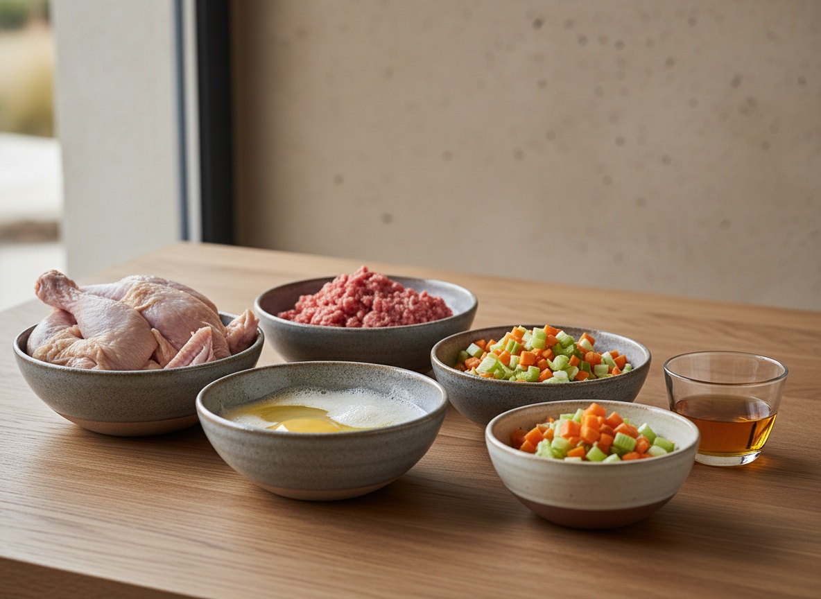 Ingredientes del consome de ave vistos de lado en angulo de 45 grados sobre superficie de roble: carcasas de ave, claras de huevo, carne magra picada, mirepoix y una copa de jerez en cuencos de ceramica gris piedra, con luz natural desde la izquierda.