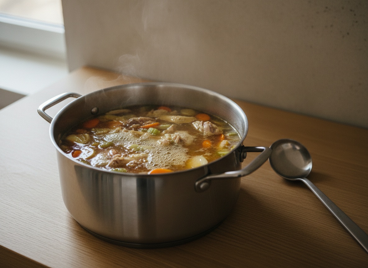 Caldo de ave cociendo a fuego suave en una olla grande con carcasas y verduras, con vapor tenue, sobre superficie de roble y luz desde la izquierda.