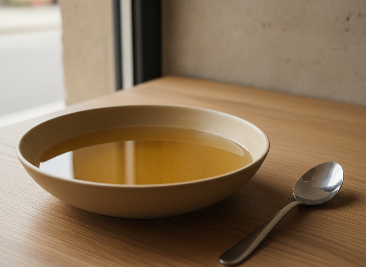 Caldo de ave frio y desengrasado en un cuenco, con la capa de grasa ya retirada, tono dorado claro, luz suave desde la izquierda.