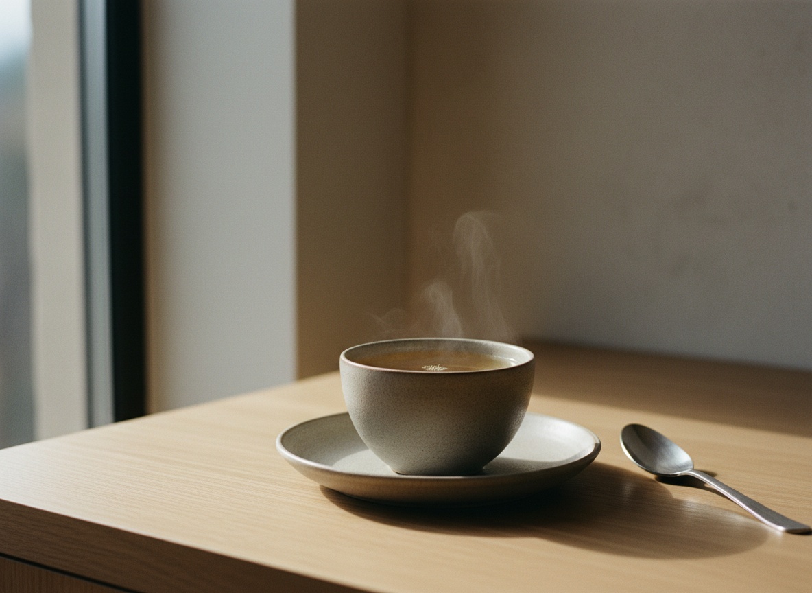 Consome de ave dorado y cristalino servido en taza fina de ceramica gris piedra sobre plato, transparente y humeante con un leve brillo, sobre superficie de roble con luz natural suave desde la izquierda.