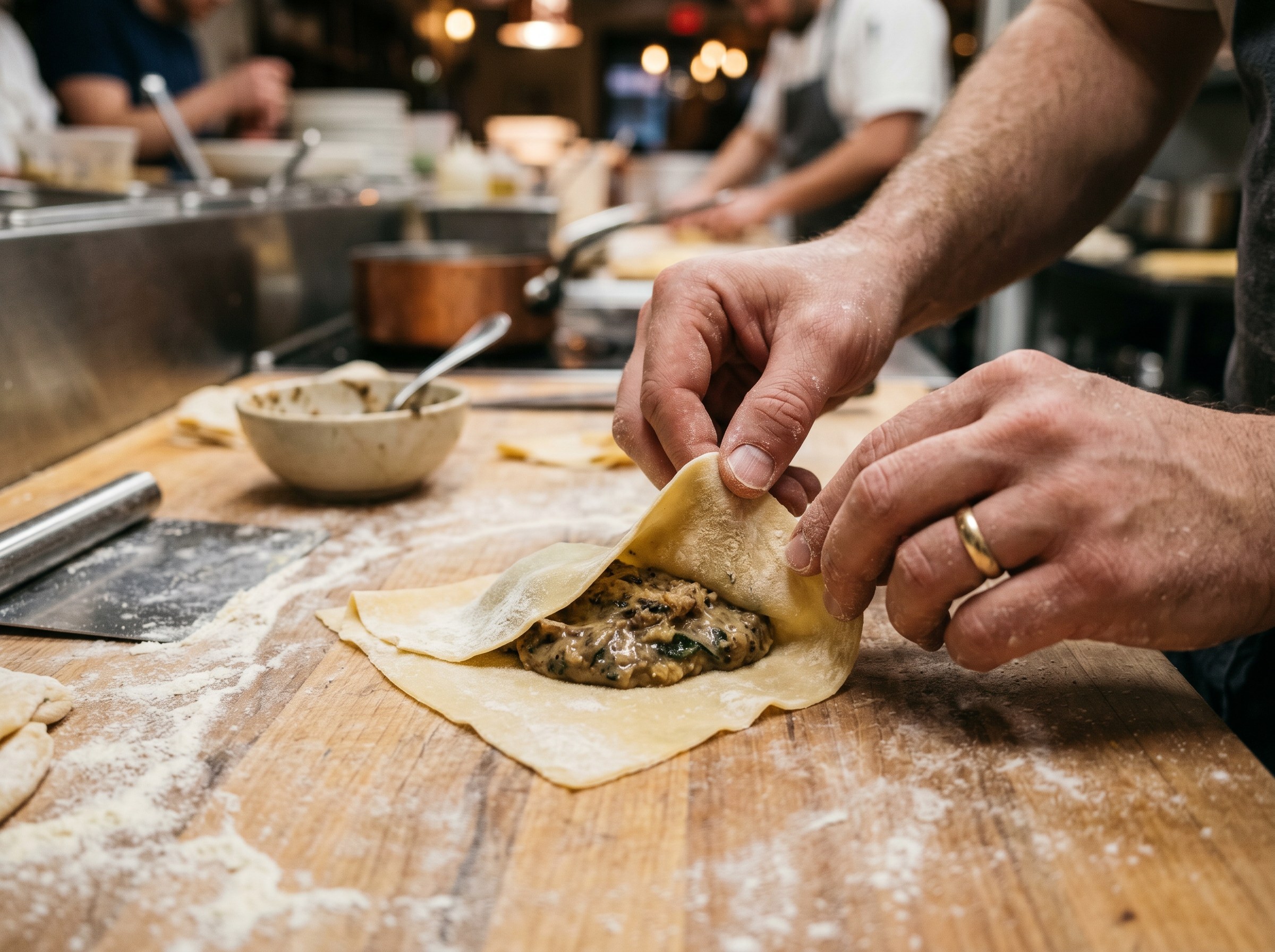 Ravioli de tuétano siendo ensamblado con pasta fina y manos del chef