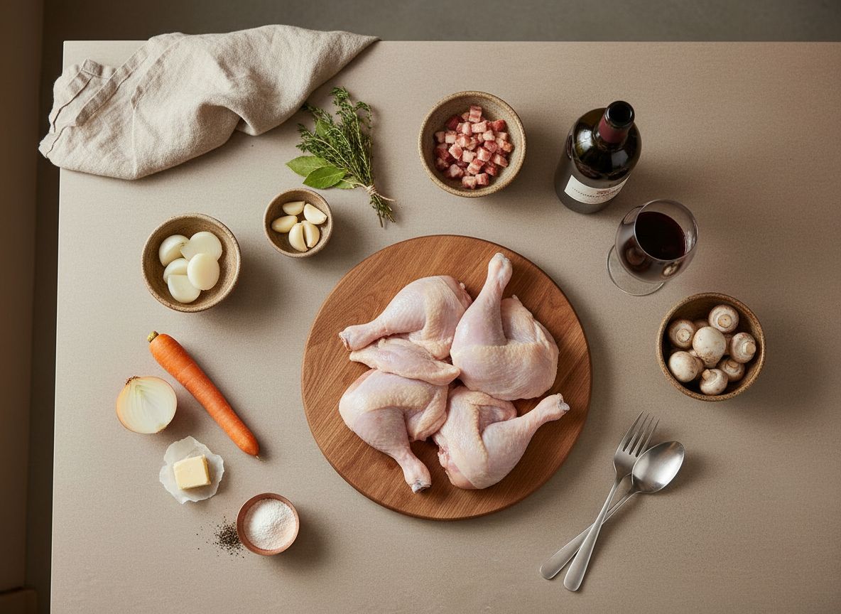 Mise en place del coq au vin: pollo, vino tinto, lardons, cebollitas, champinones y hierbas