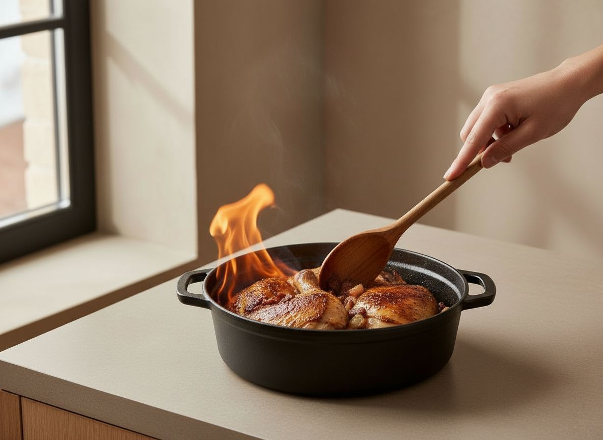 Sellado del pollo con lardons y flambeado en la cocotte de hierro