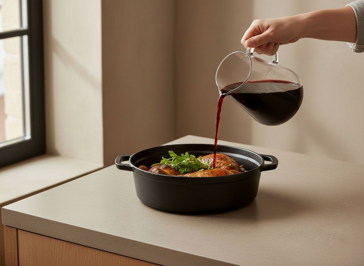 Vino tinto de Borgona vertido sobre el pollo para el braseado