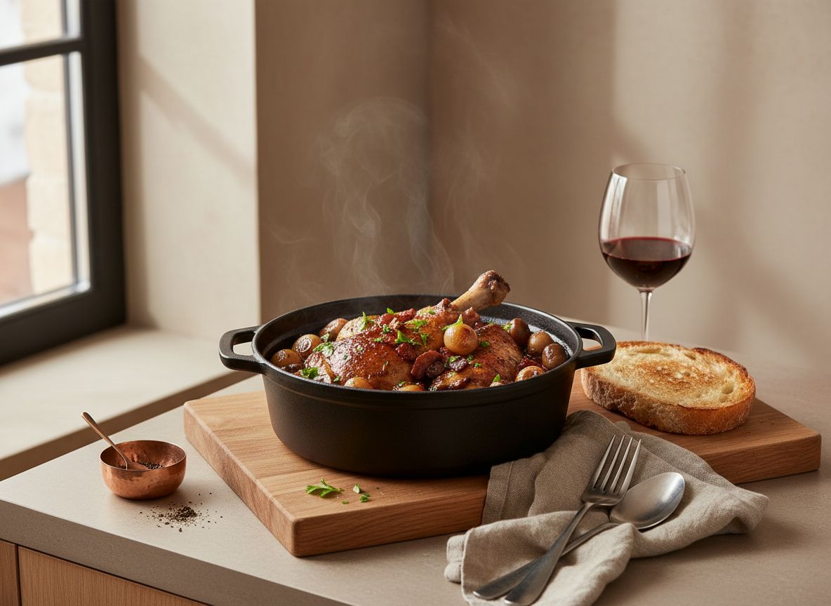Coq au vin terminado en cocotte de hierro con cebollitas, champinones y pan tostado