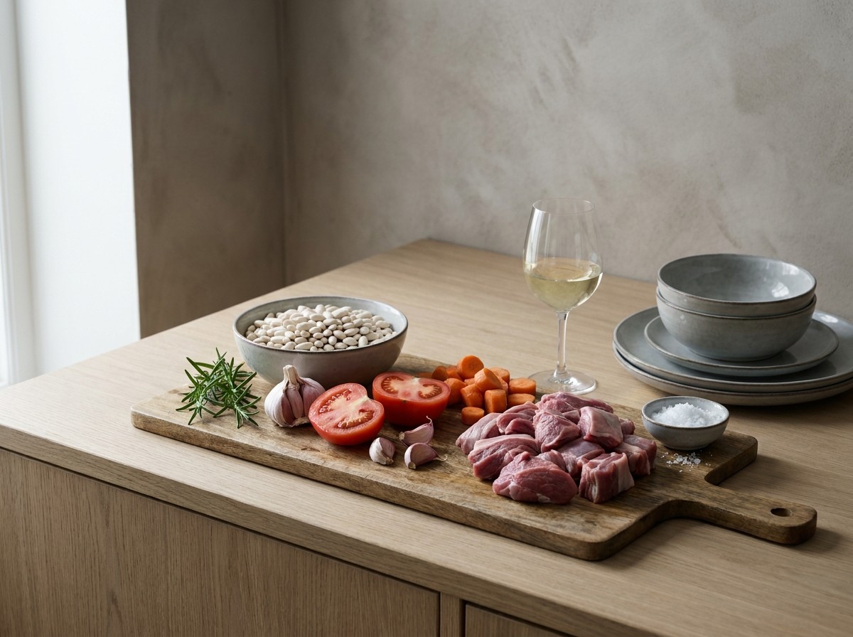 Ingredientes: cordero troceado, judías blancas, cebolla, tomate, zanahoria y romero