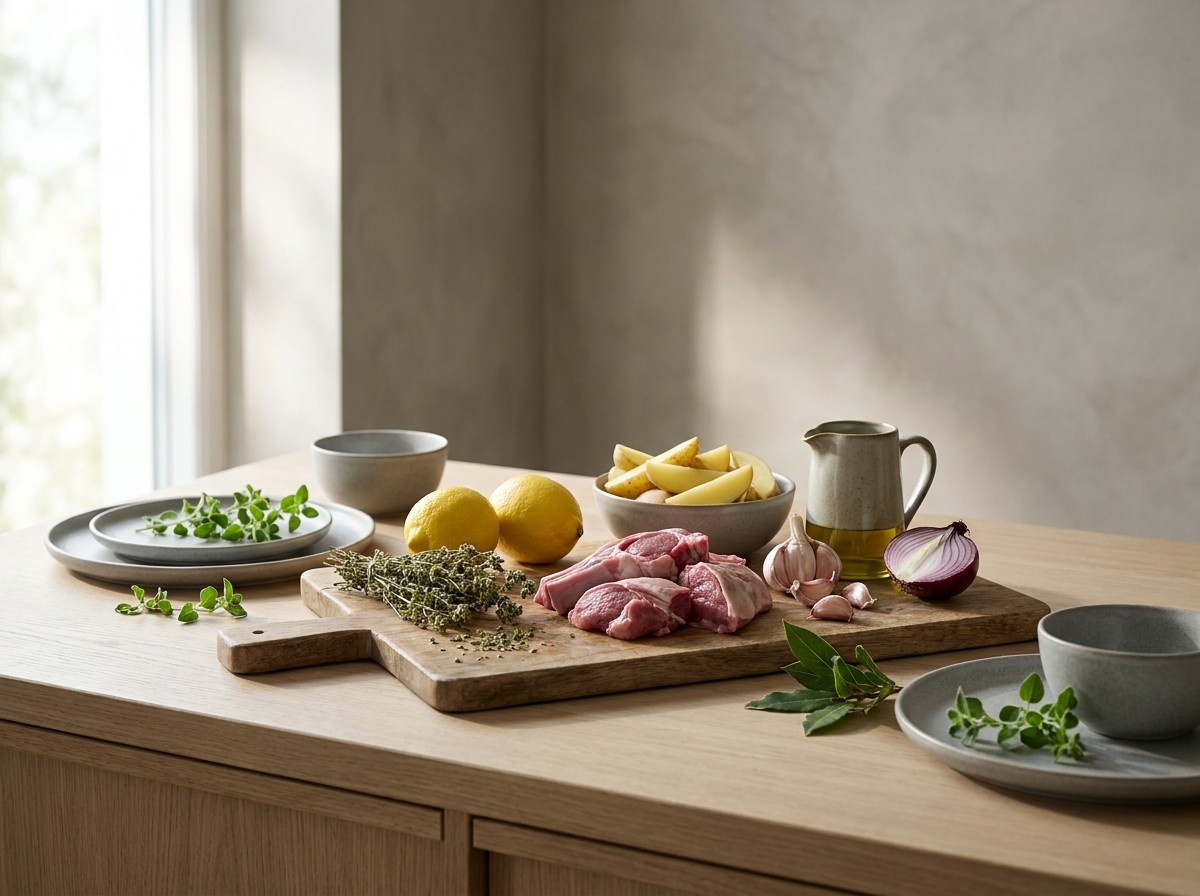 Ingredientes: cordero troceado, limón, orégano, ajo, patatas y aceite