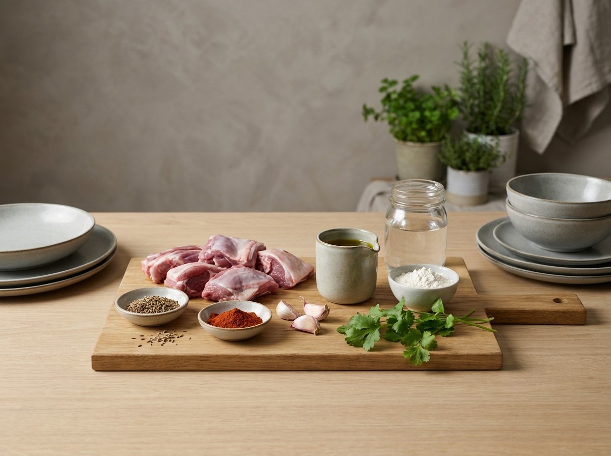Ingredientes: cordero troceado, comino, pimentón, ajo, aceite y harina para pan
