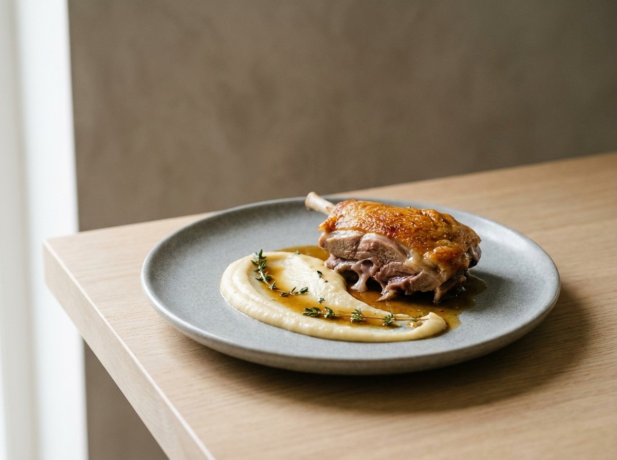Cordero confitado en plato de cerámica gris piedra: pieza de cordero lechal melosa con la piel dorada crujiente sobre un puré blanco sedoso de ajo asado, con jus.