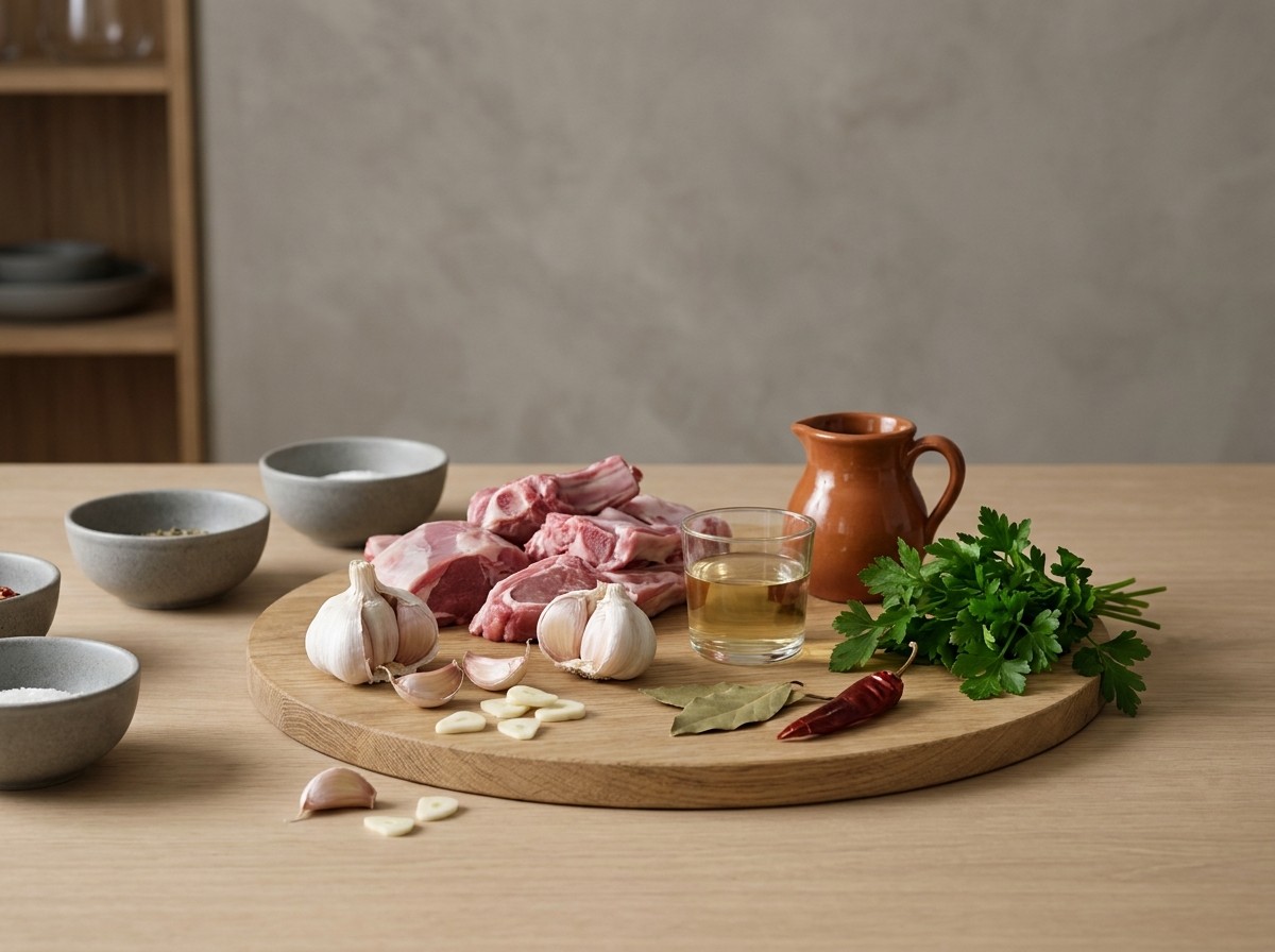 Ingredientes: cordero pascual troceado, ajos, vino blanco, laurel y perejil