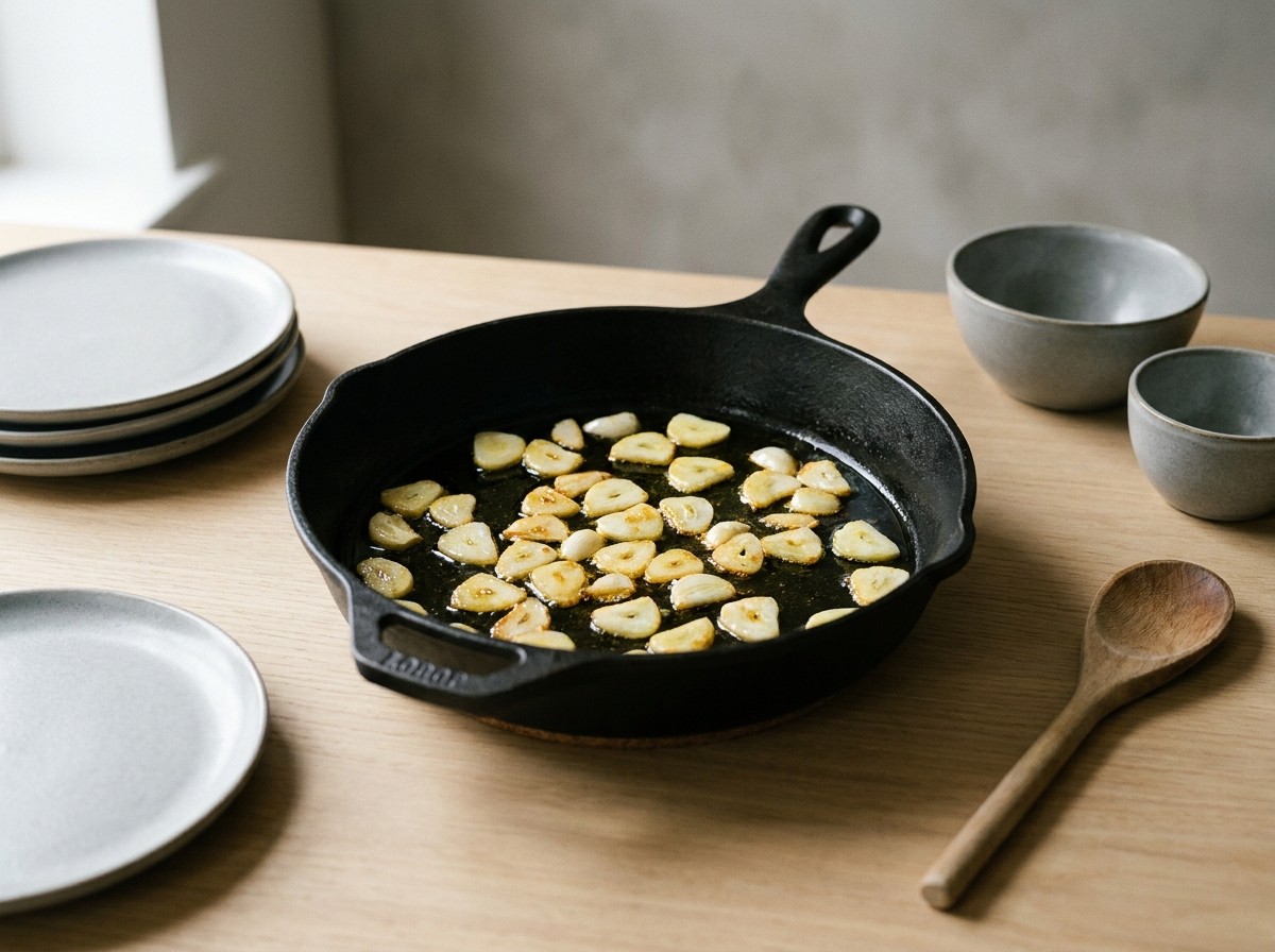 Ajo laminado friéndose dorado en el aceite